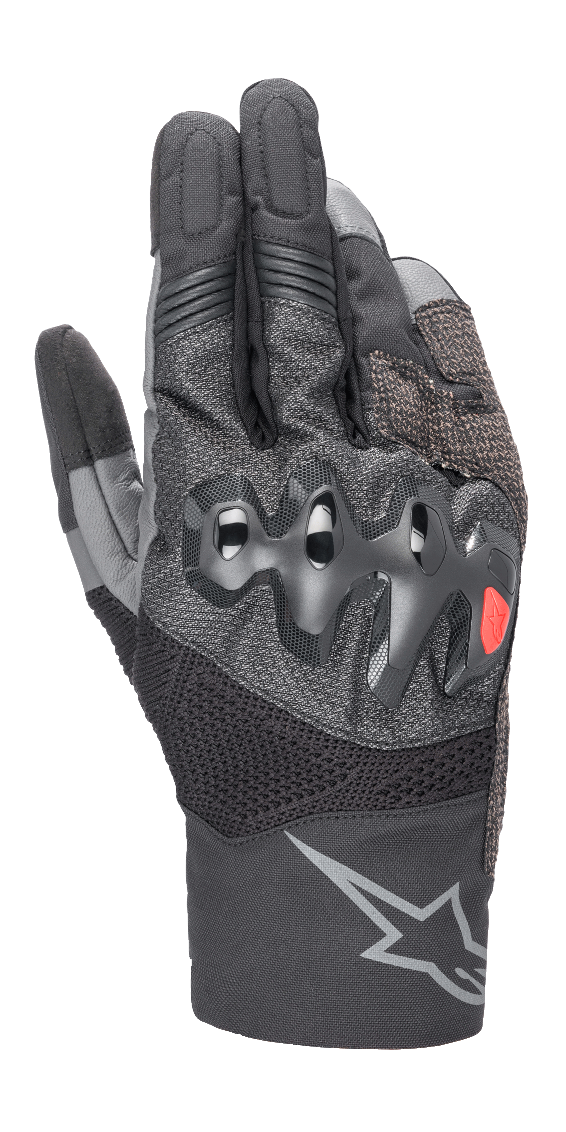 Alpinestars AMT-10 Air HDry Gloves, guanti da moto, nero e grigio scuro, con protezione nocche ondulata sovrainiettata e un piccolo logo rosso, pannelli in mesh MATRYX e RIDEKNIT per la ventilazione e un grande logo a stella grigio sul polsino