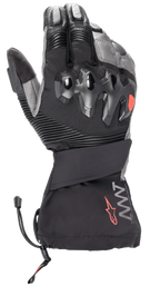 Alpinestars Amt-10 Drystar® XF Winter Gloves, guanti da moto invernali a polsino lungo, nero e grigio scuro, protezione nocche rigida sovra-iniettata, inserti a soffietto elasticizzati sulle dita, logo AMT con stella rossa e chiusura con cordino sul polsino