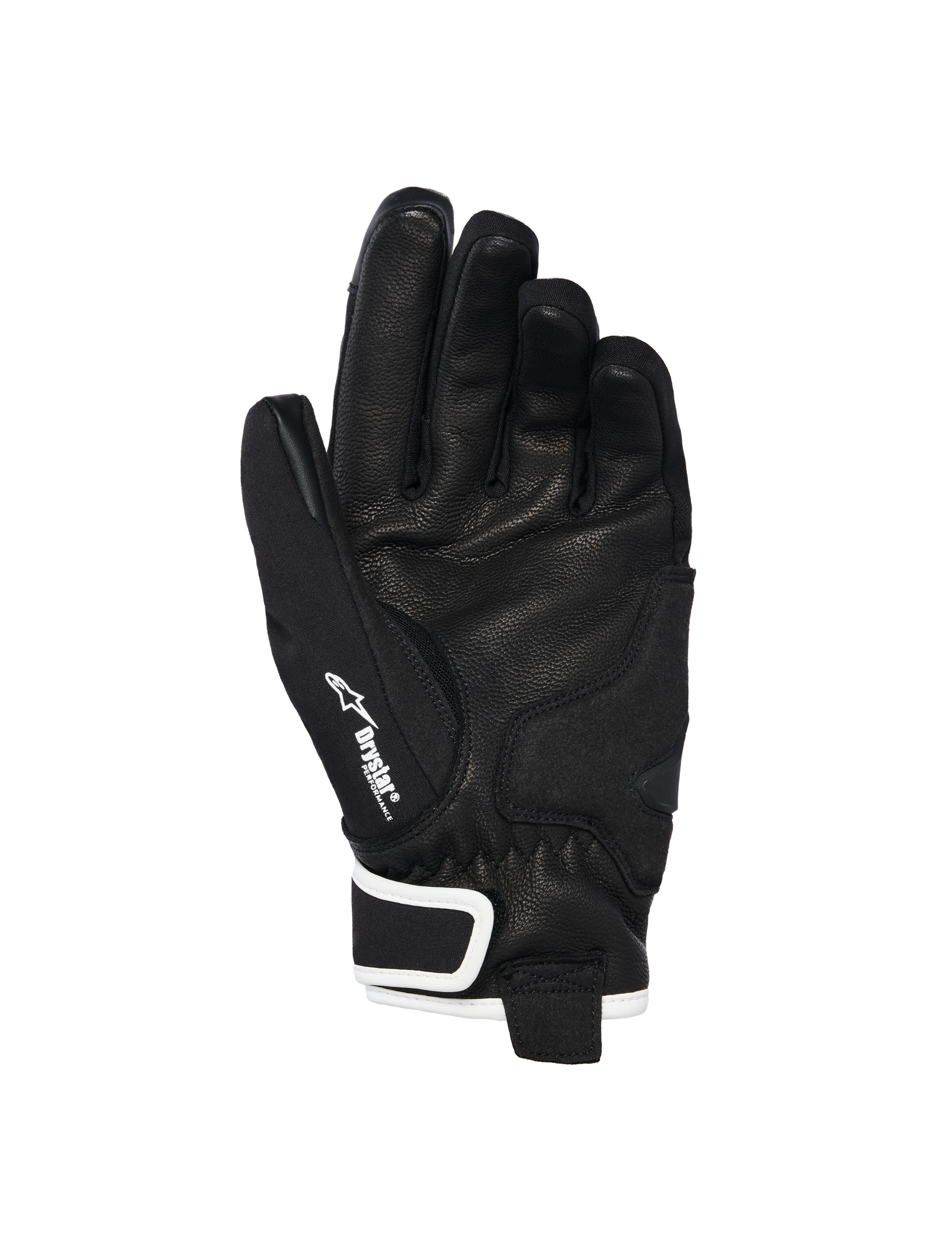 Guanti Alpinestars Stella Moblast Waterproof, vista del palmo, nero con accenti bianchi, con palmo in pelle di capra, logo Alpinestars e marchio Drystar sul pollice, guanti da moto a polsino corto da donna