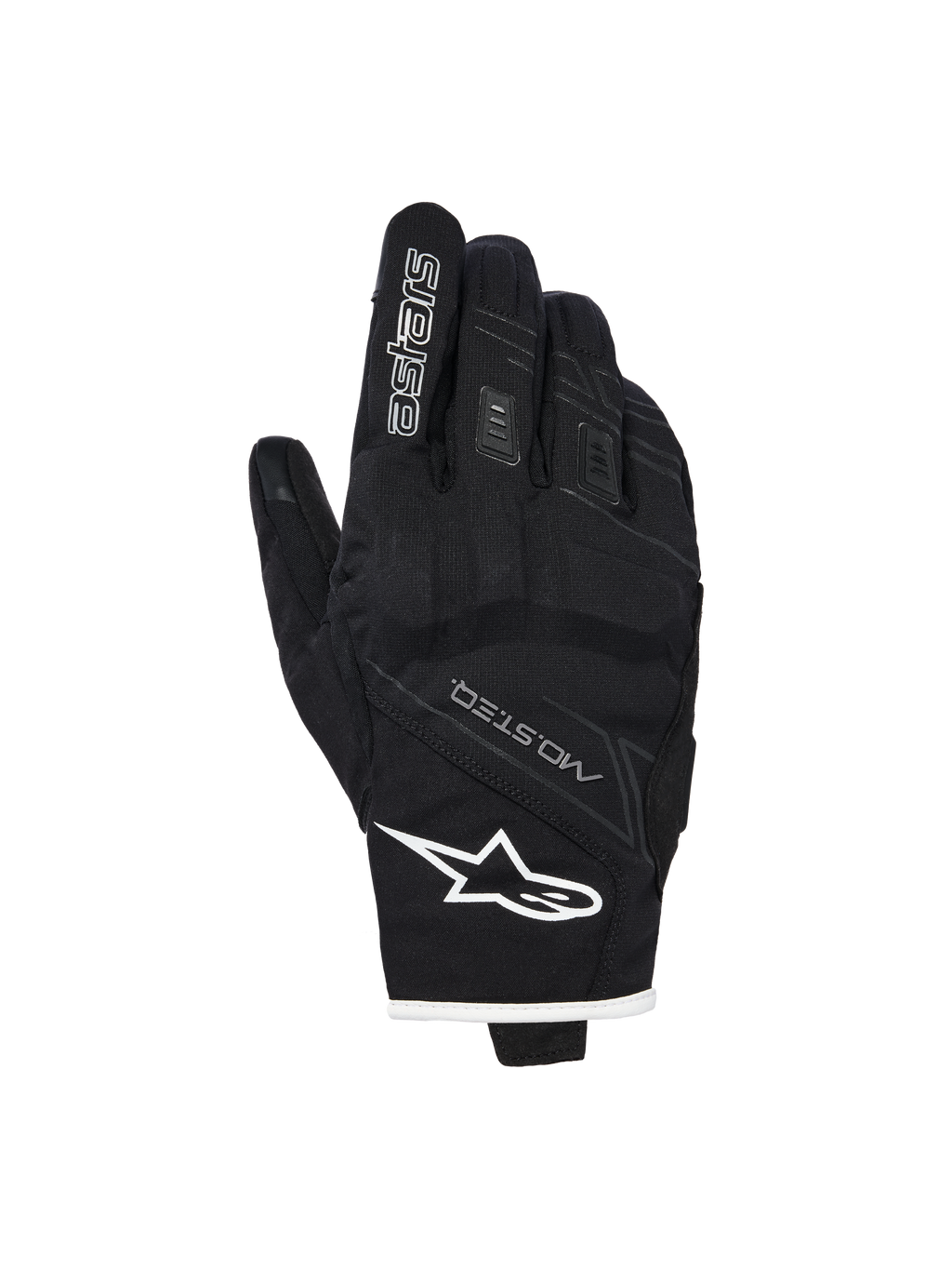 Guanti Alpinestars Stella Moblast Waterproof, guanti da moto da donna, neri con bordi bianchi, vista del dorso con logo Alpinestars, marchio MO.ST.EQ e protezione morbida sulle nocche