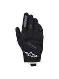 Guanti Alpinestars Stella Moblast Waterproof, guanti da moto da donna, neri con bordi bianchi, vista del dorso con logo Alpinestars, marchio MO.ST.EQ e protezione morbida sulle nocche