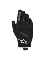 Guanti Alpinestars Stella Moblast Waterproof, guanti da moto da donna, neri con bordi bianchi, vista del dorso con logo Alpinestars, marchio MO.ST.EQ e protezione morbida sulle nocche
