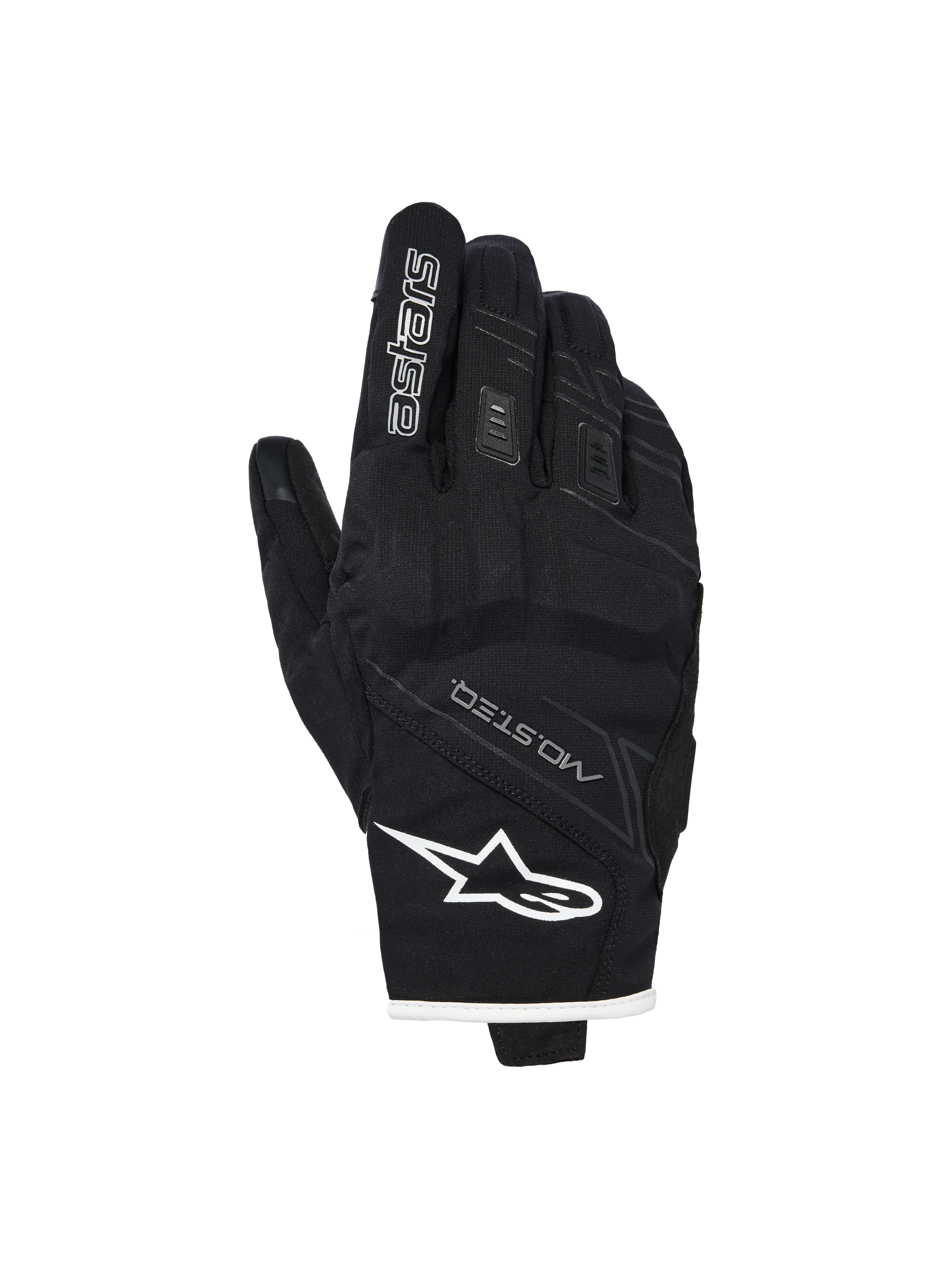 Guanti Alpinestars Stella Moblast Waterproof, guanti da moto da donna, neri con bordi bianchi, vista del dorso con logo Alpinestars, marchio MO.ST.EQ e protezione morbida sulle nocche