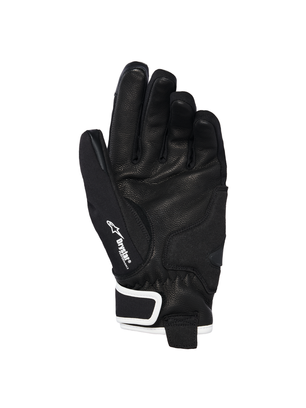 Guanti Alpinestars Stella Moblast Waterproof, vista del palmo, pelle di capra nera con grip testurizzato, accenti bianchi e marchio Drystar, design a polsino corto per guida motociclistica urbana
