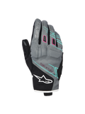 Guanti Alpinestars Stella Moblast Waterproof, guanti da moto da donna, grigio e nero con accenti rosa e turchese, design a polsino corto con branding MO.ST.EQ., costruzione in tessuto con imbottitura protettiva sulle nocche e logo Alpinestars bianco