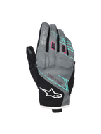 Guanti Alpinestars Stella Moblast Waterproof, guanti da moto da donna, grigio e nero con accenti rosa e turchese, design a polsino corto con branding MO.ST.EQ., costruzione in tessuto con imbottitura protettiva sulle nocche e logo Alpinestars bianco