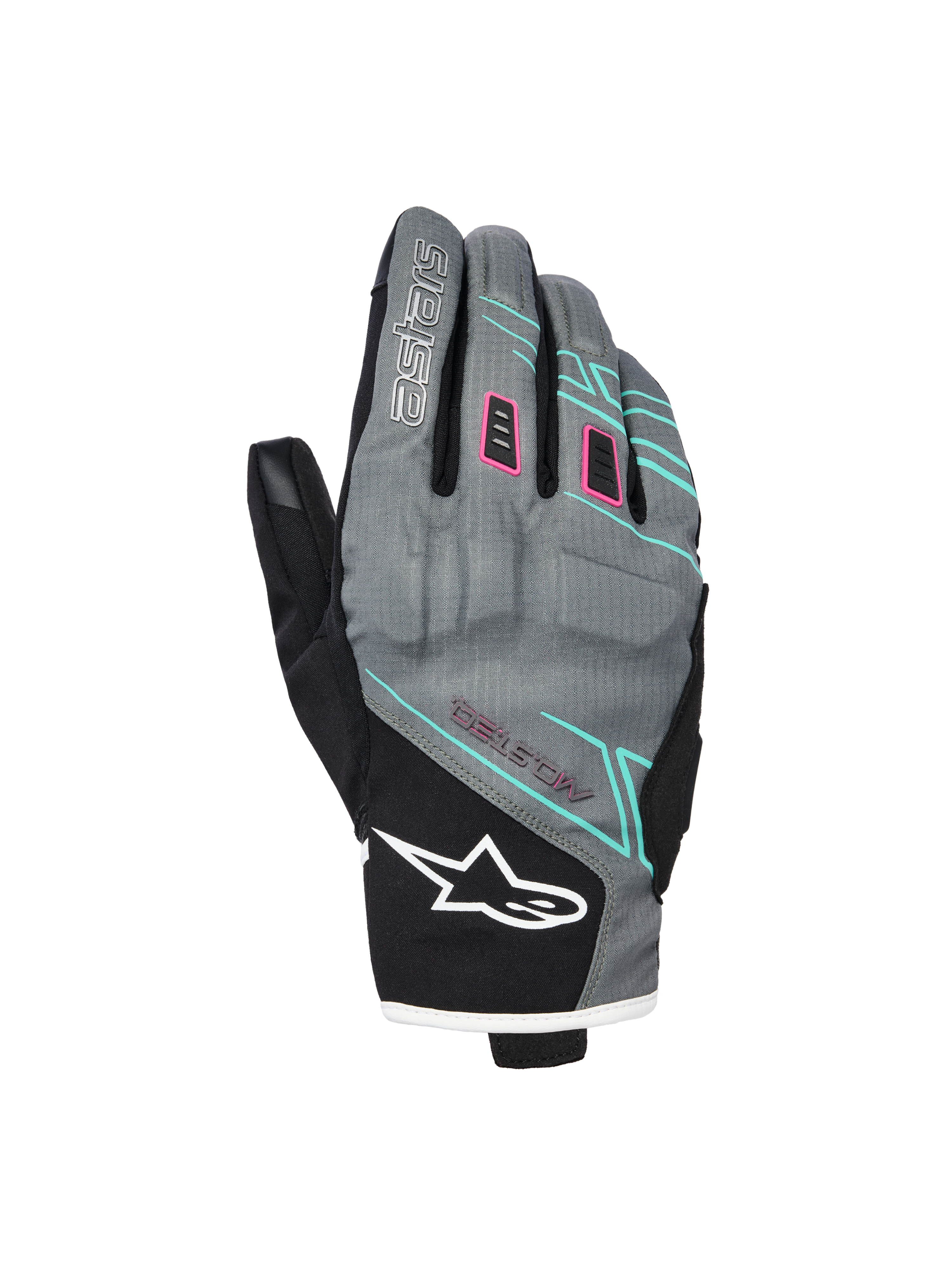 Guanti Alpinestars Stella Moblast Waterproof, guanti da moto da donna, grigio e nero con accenti rosa e turchese, design a polsino corto con branding MO.ST.EQ., costruzione in tessuto con imbottitura protettiva sulle nocche e logo Alpinestars bianco