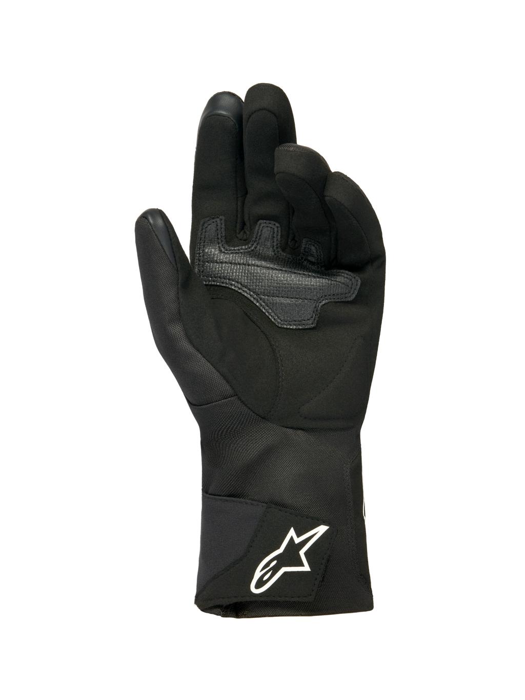 Guanti Alpinestars Stella WT-1 Drystar® Insulated da donna, nero, vista del palmo in morbida pelle scamosciata con rinforzo per il grip, polsino lungo in tessuto con logo Alpinestars bianco sul cinturino, punte delle dita compatibili con touchscreen, abbigliamento tecnico invernale da moto