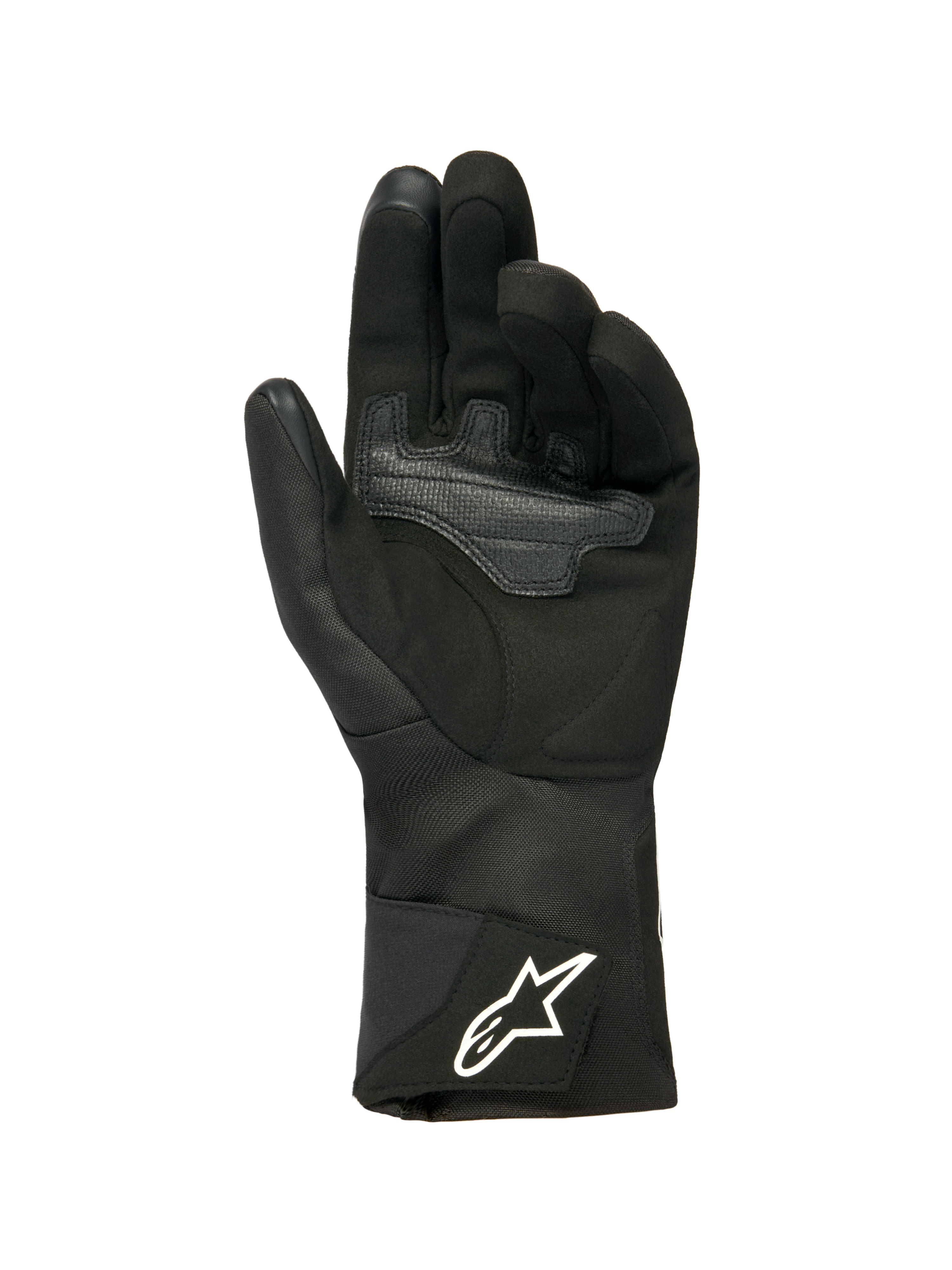 Guanti Alpinestars Stella WT-1 Drystar® Insulated da donna, nero, vista del palmo in morbida pelle scamosciata con rinforzo per il grip, polsino lungo in tessuto con logo Alpinestars bianco sul cinturino, punte delle dita compatibili con touchscreen, abbigliamento tecnico invernale da moto