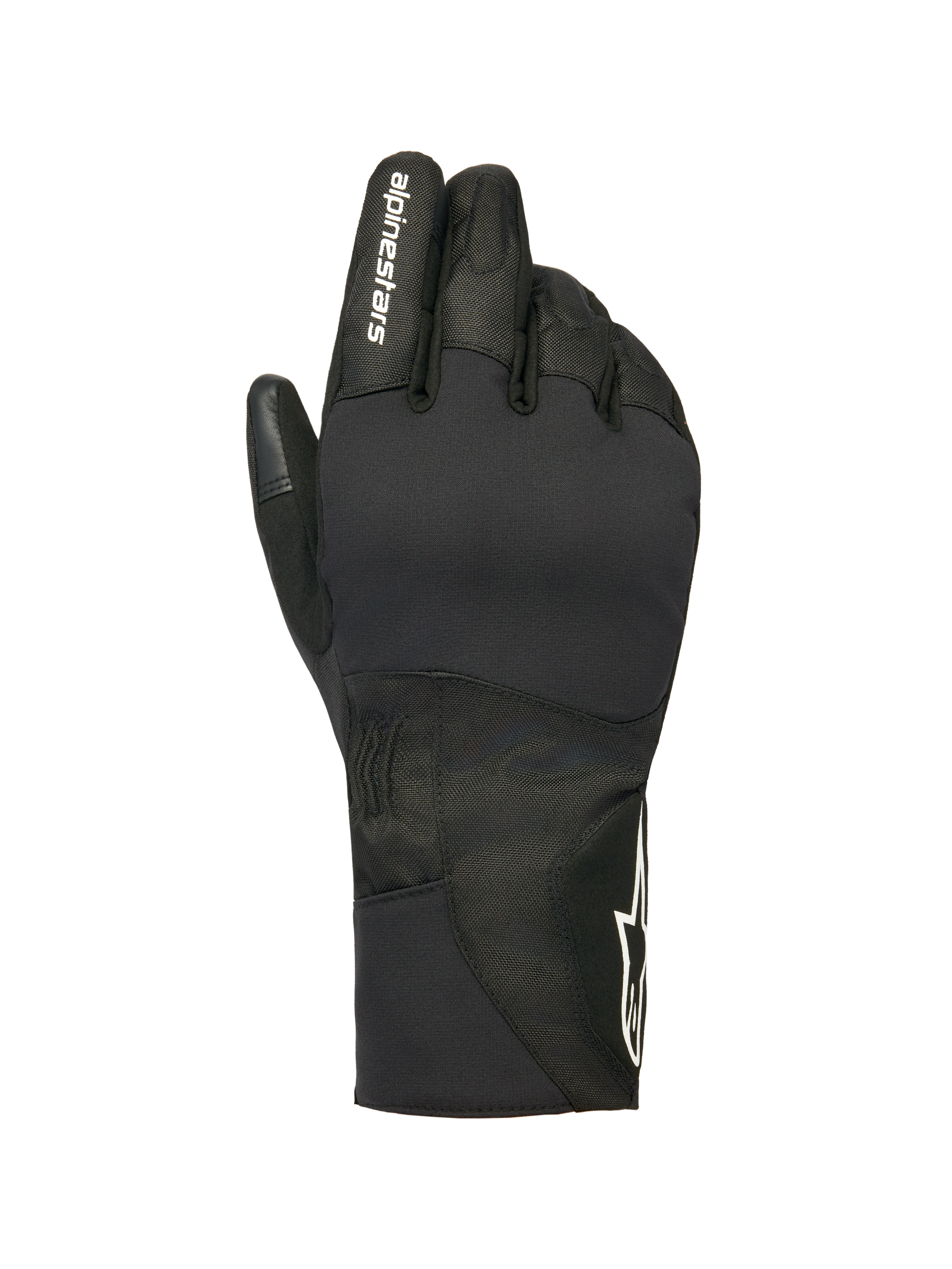 Alpinestars Stella WT-1 Drystar Insulated Gloves, guanti moto invernali da donna, neri, branding Alpinestars bianco sull'indice e logo a stella sul polsino, costruzione in tessuto impermeabile e pelle scamosciata per il pendolarismo in climi freddi