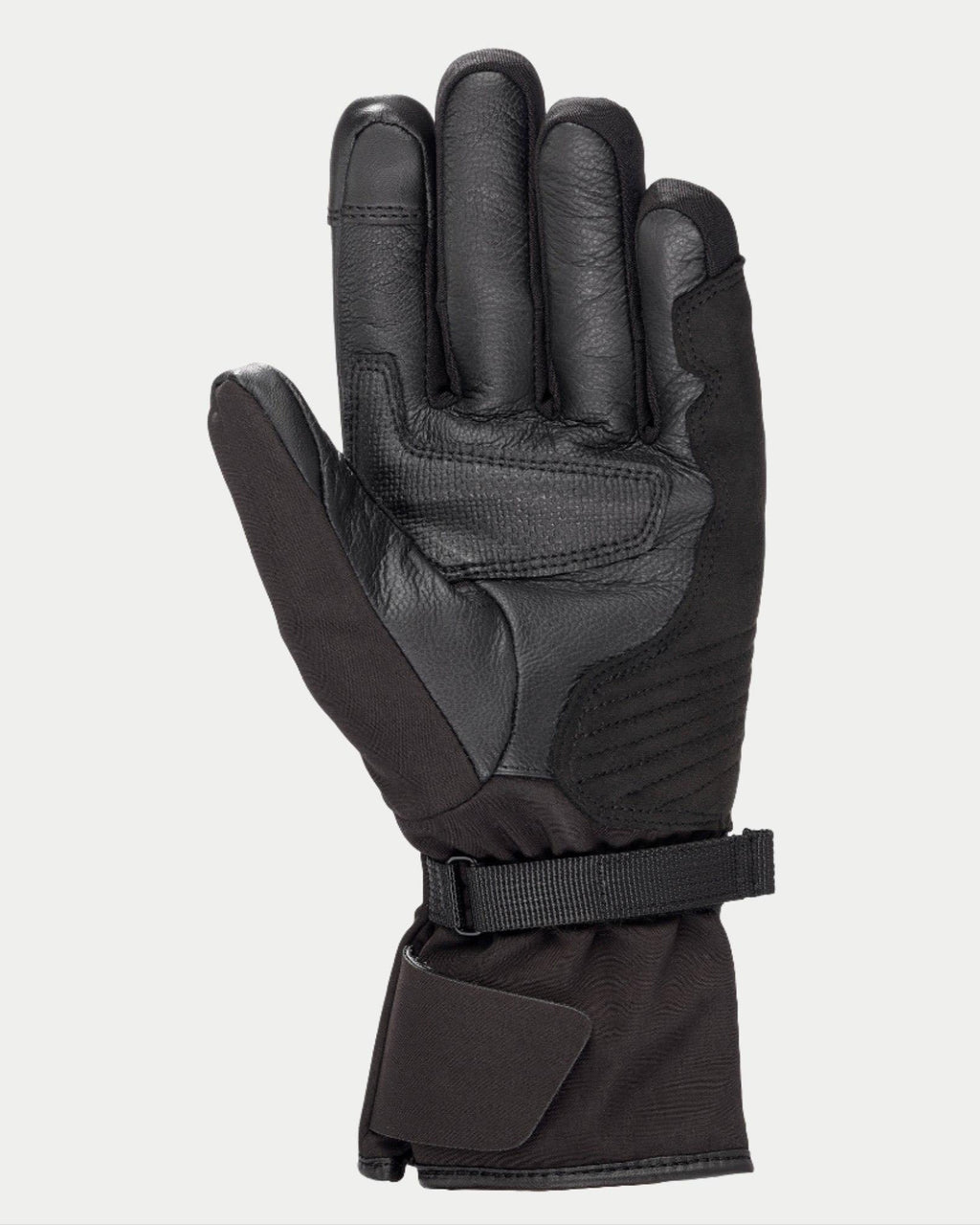 Guanti Alpinestars Stella Tourer W-7 Drystar® da donna, nero, vista del palmo che mostra la costruzione in pelle e softshell, polsino lungo da touring con cinturino regolabile, palmo e pollice rinforzati, attrezzatura da moto invernale impermeabile e termica per adventure touring