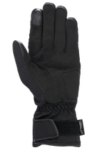 Guanti Alpinestars Stella SR-3 V2 Drystar® da donna, nero, vista del palmo con rinforzi in pelle sintetica, punta dell'indice compatibile con touchscreen, polso elasticizzato e polsino a manichetta con cinturino in Velcro regolabile e marchio Drystar.