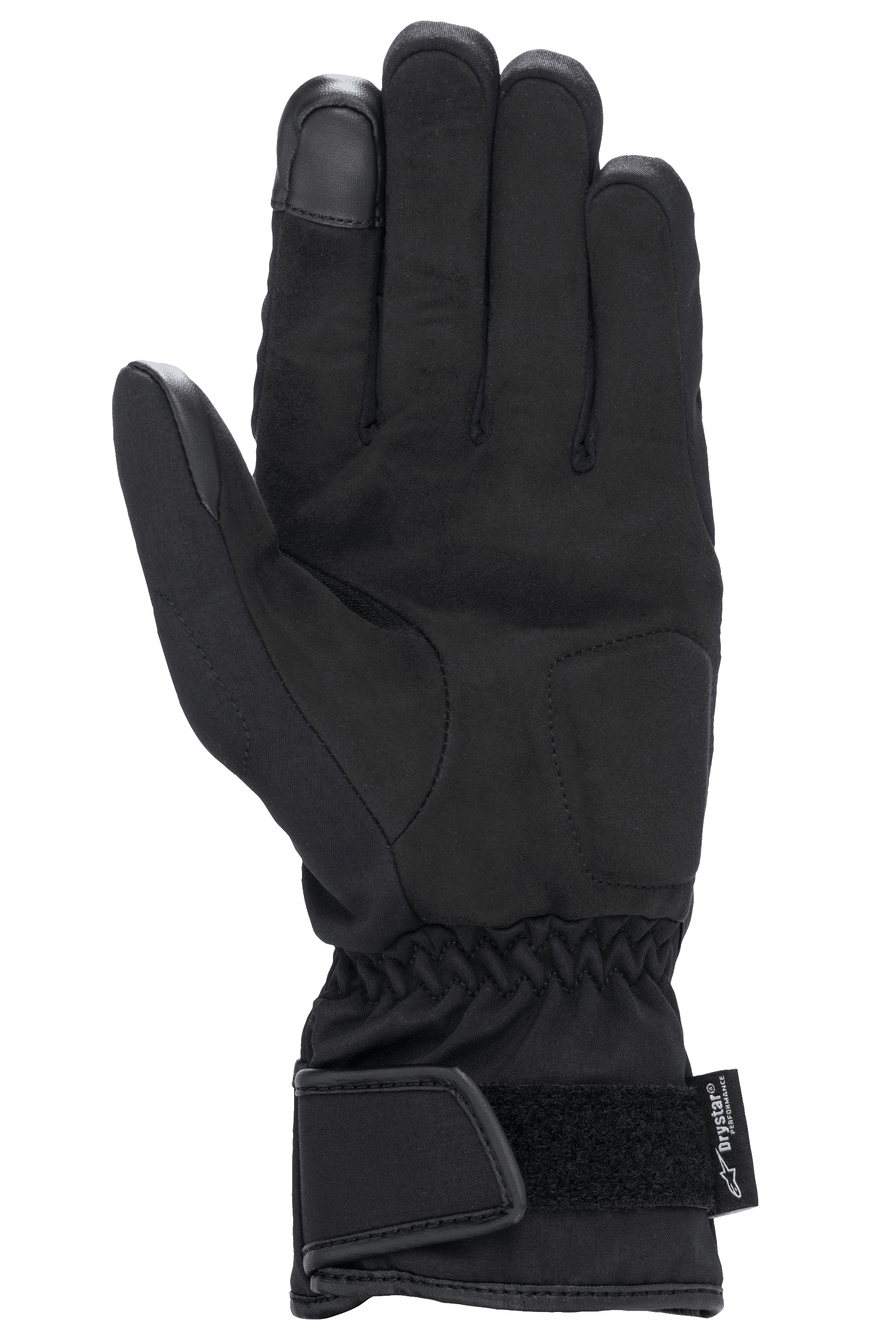 Guanti Alpinestars Stella SR-3 V2 Drystar® da donna, nero, vista del palmo con rinforzi in pelle sintetica, punta dell'indice compatibile con touchscreen, polso elasticizzato e polsino a manichetta con cinturino in Velcro regolabile e marchio Drystar.