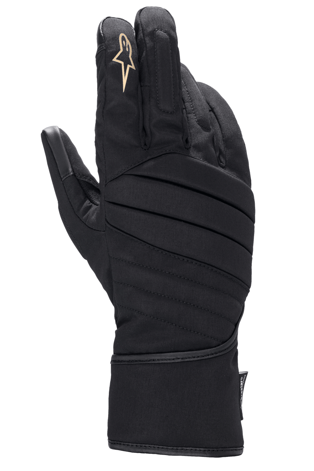 Alpinestars Stella SR-3 V2 Drystar, guanti da moto da donna, neri, vista del dorso con cuciture imbottite diagonali, logo a stella bianco sull'indice e polsino lungo a manichetta per protezione in tutte le condizioni atmosferiche