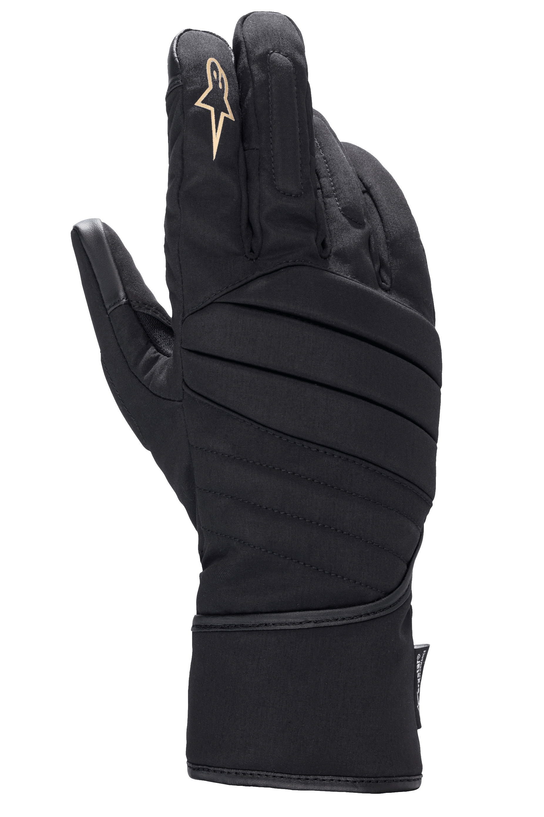 Alpinestars Stella SR-3 V2 Drystar, guanti da moto da donna, neri, vista del dorso con cuciture imbottite diagonali, logo a stella bianco sull'indice e polsino lungo a manichetta per protezione in tutte le condizioni atmosferiche