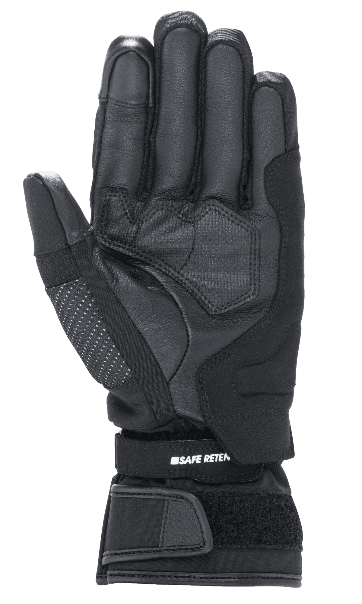 Guanti Alpinestars Stella Andes V3 Drystar® da donna, guanto da moto nero antracite, vista del palmo con costruzione in pelle di capra, imbottitura rinforzata e cinturino regolabile in velcro con marchio Safe Retention