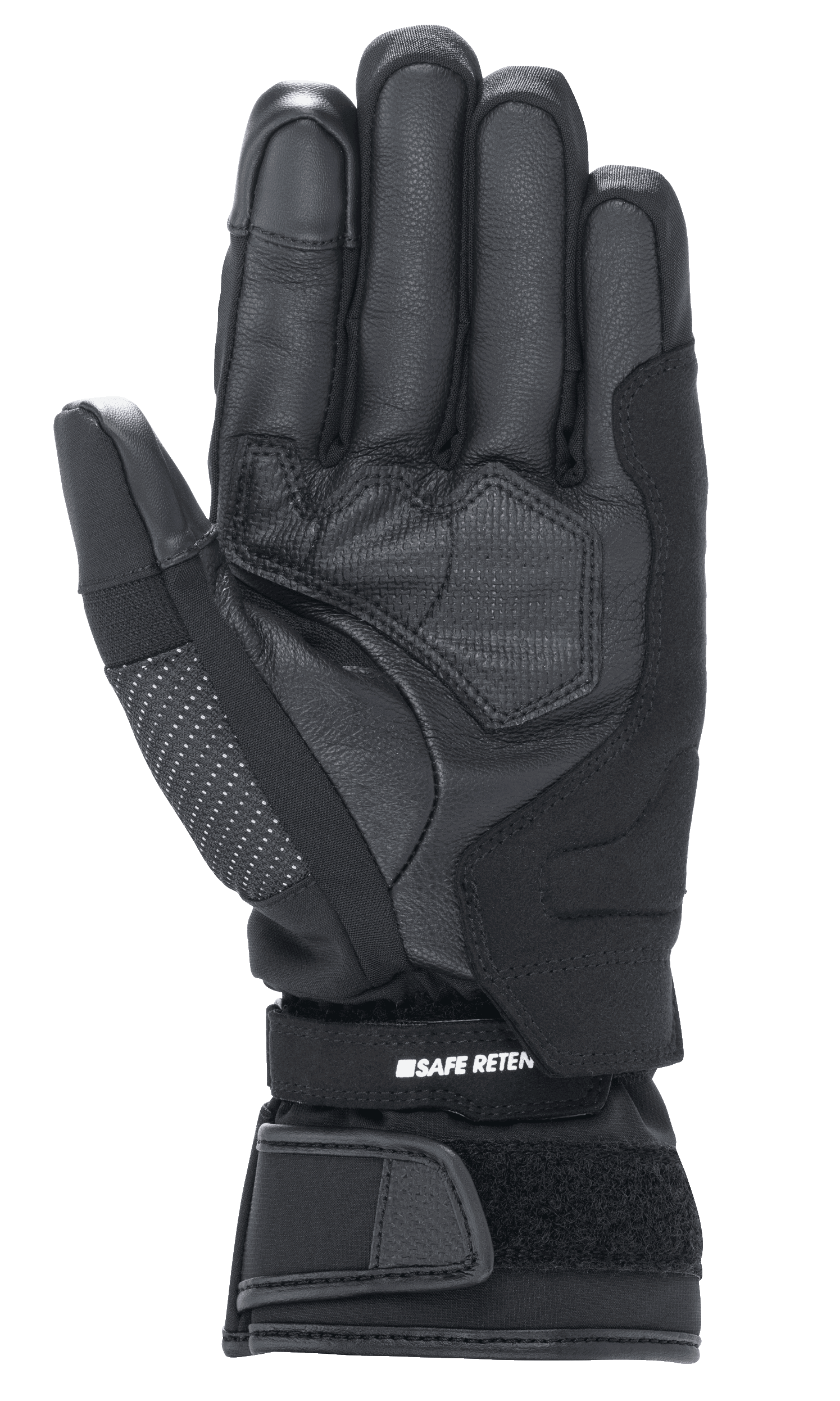 Guanti Alpinestars Stella Andes V3 Drystar® da donna, guanto da moto nero antracite, vista del palmo con costruzione in pelle di capra, imbottitura rinforzata e cinturino regolabile in velcro con marchio Safe Retention