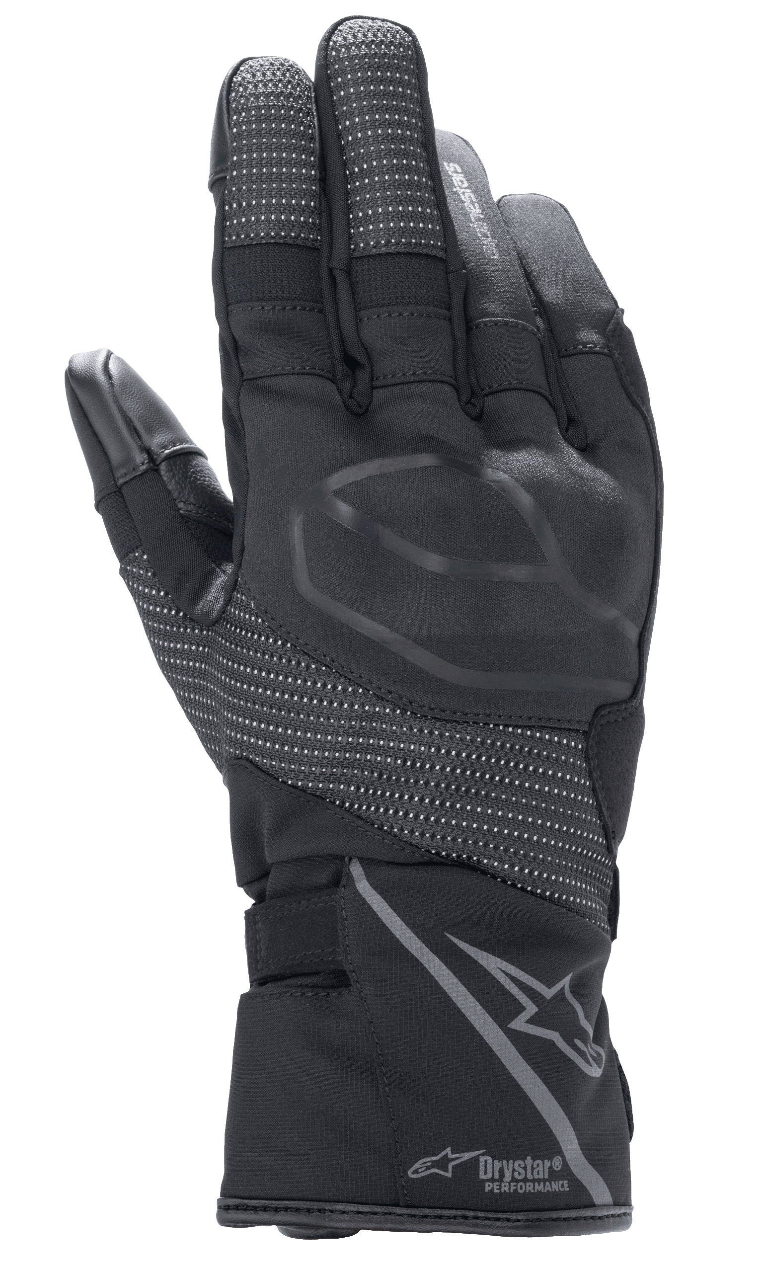 Alpinestars Guanti Stella Andes V3 Drystar da donna, Nero Antracite, vista del dorso con protezione nocche integrata, pannelli ripstop riflettenti, logo Alpinestars e marchio Drystar Performance sul polsino, abbigliamento moto adventure touring