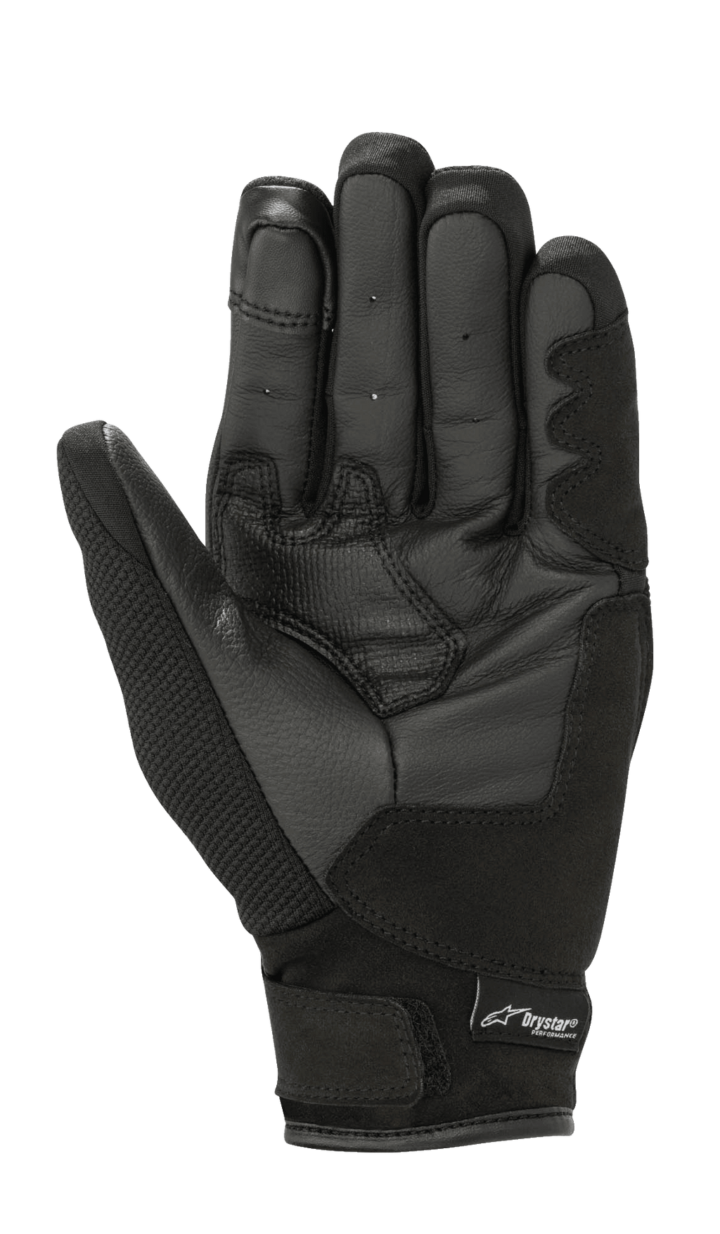 Guanti Alpinestars Stella S-Max Drystar da donna, nero, vista del palmo con rinforzi in pelle, tessuto a rete elasticizzato, cinturino con chiusura a strappo e logo Drystar, abbigliamento sportivo da moto impermeabile