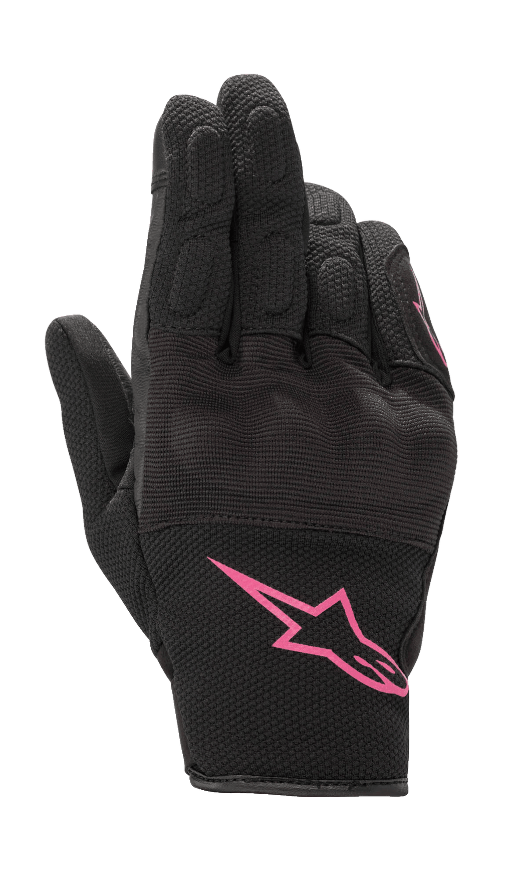 Alpinestars Stella S-Max, guanti da moto da donna, neri e fucsia, con logo Alpinestars rosa sul polsino, design a polsino corto con mesh testurizzata e protezione nocche integrata