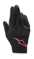 Alpinestars Stella S-Max, guanti da moto da donna, neri e fucsia, con logo Alpinestars rosa sul polsino, design a polsino corto con mesh testurizzata e protezione nocche integrata