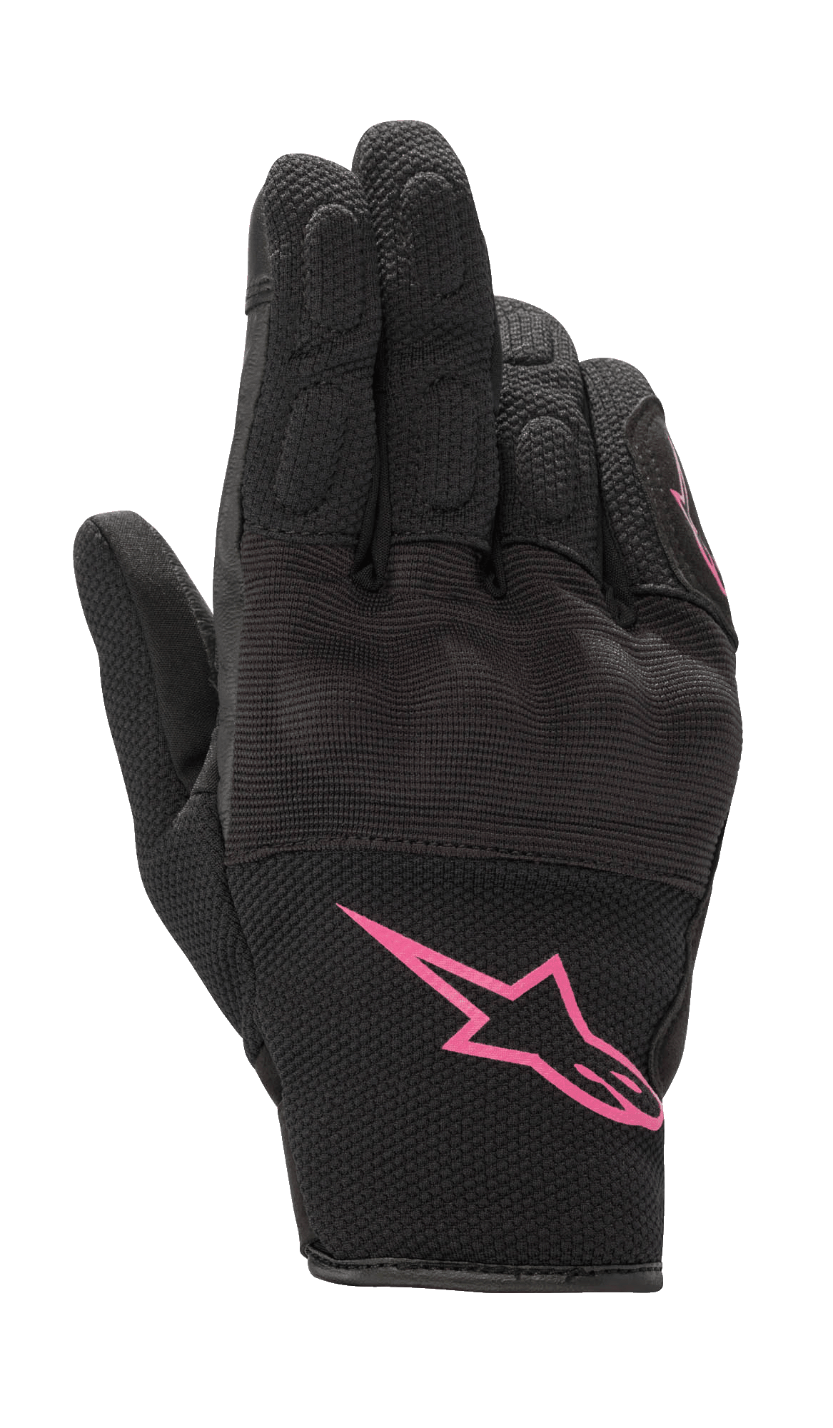 Alpinestars Stella S-Max, guanti da moto da donna, neri e fucsia, con logo Alpinestars rosa sul polsino, design a polsino corto con mesh testurizzata e protezione nocche integrata