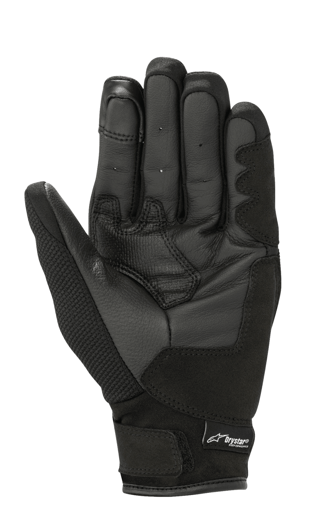 Guanti da donna Alpinestars Stella S-Max Drystar, Nero Antracite, vista del palmo che mostra la struttura in pelle, aree di presa rinforzate e chiusura del polso a strappo con logo Drystar