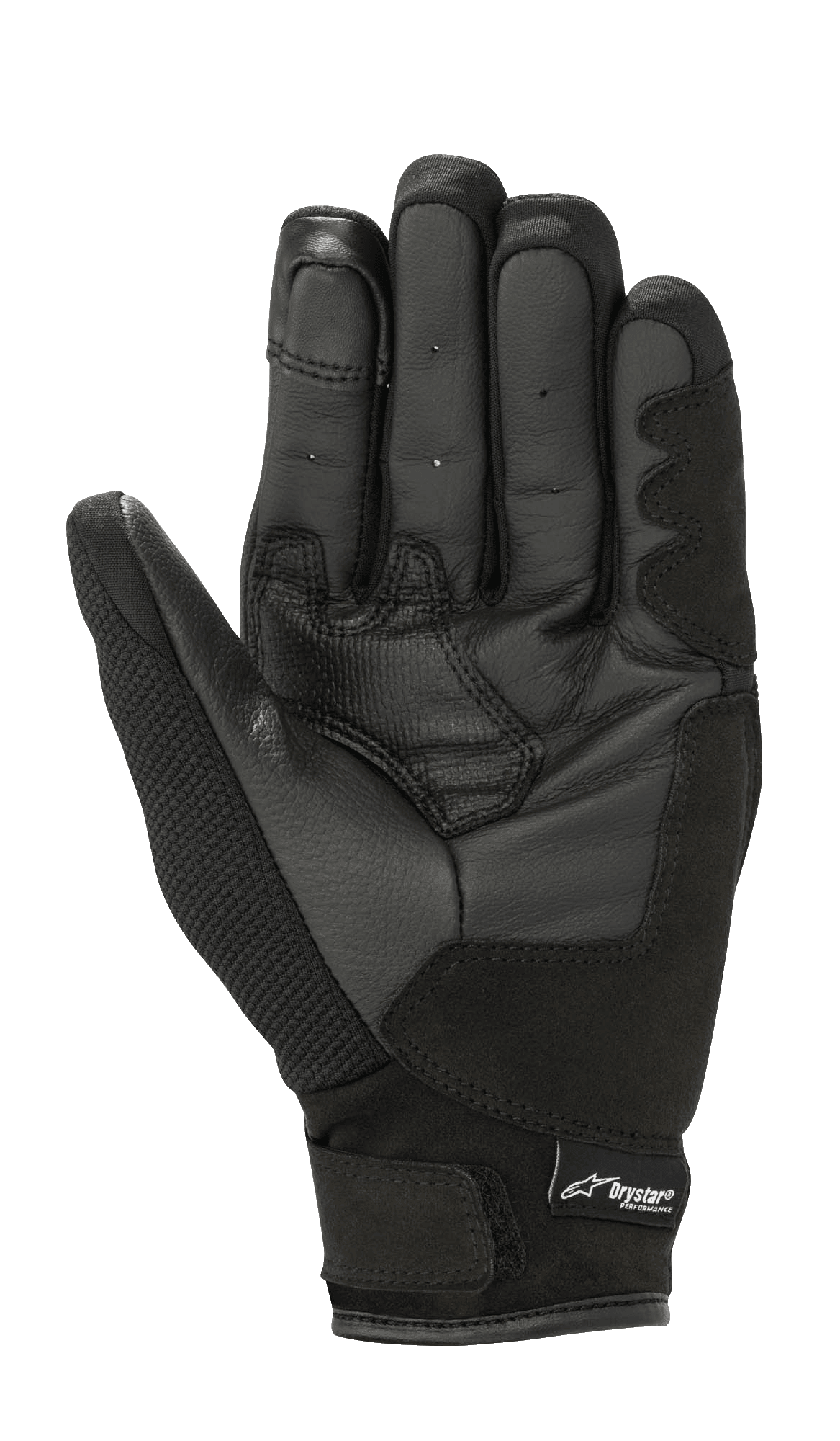 Guanti da donna Alpinestars Stella S-Max Drystar, Nero Antracite, vista del palmo che mostra la struttura in pelle, aree di presa rinforzate e chiusura del polso a strappo con logo Drystar