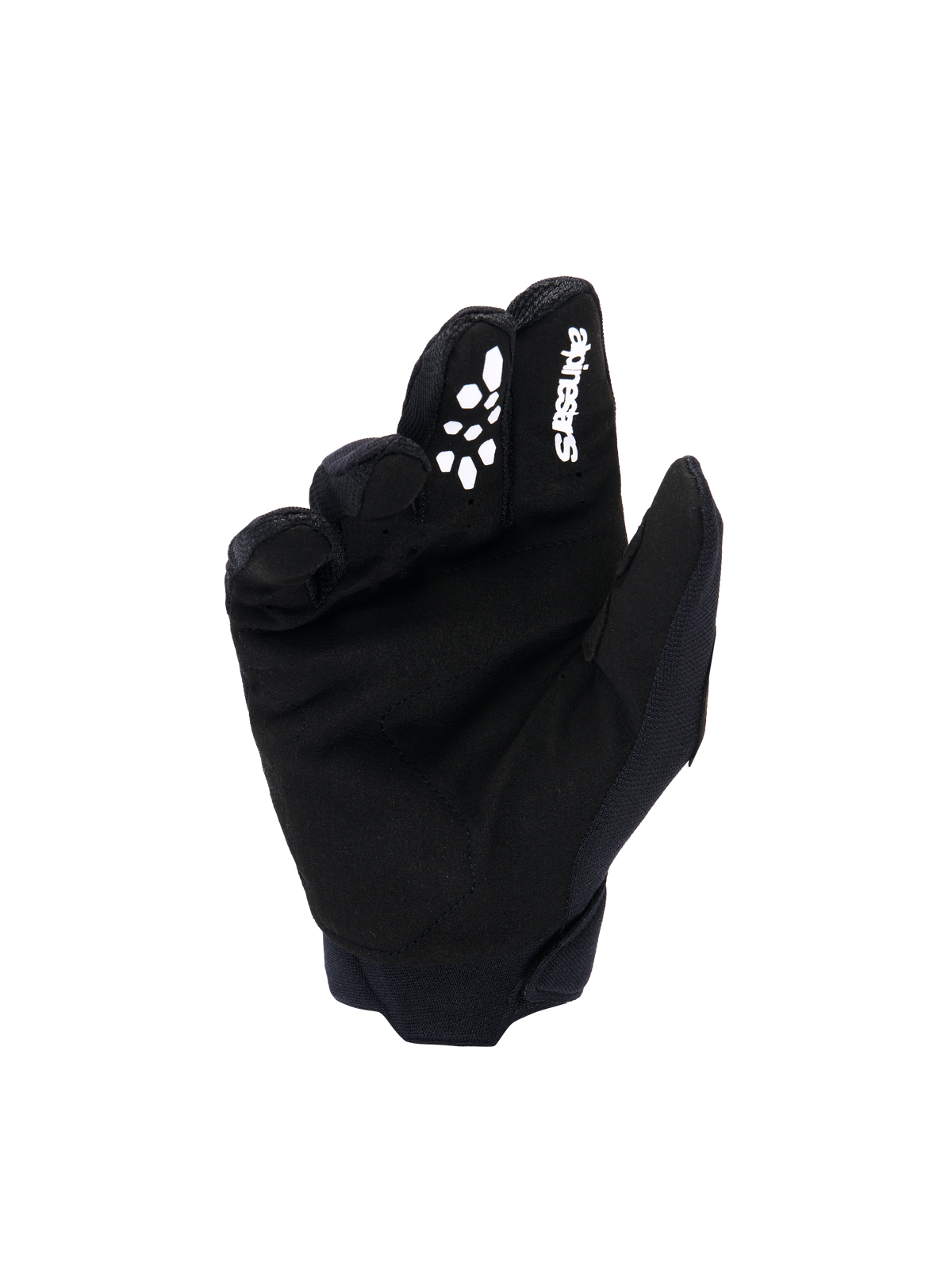 Guanti Alpinestars Youth & Kids Full Bore V2, guanti da motocross, nero e bianco, vista del palmo in pelle scamosciata sintetica, logo Alpinestars bianco e grip con stampa in silicone sul dito indice, equipaggiamento da fuoristrada resistente