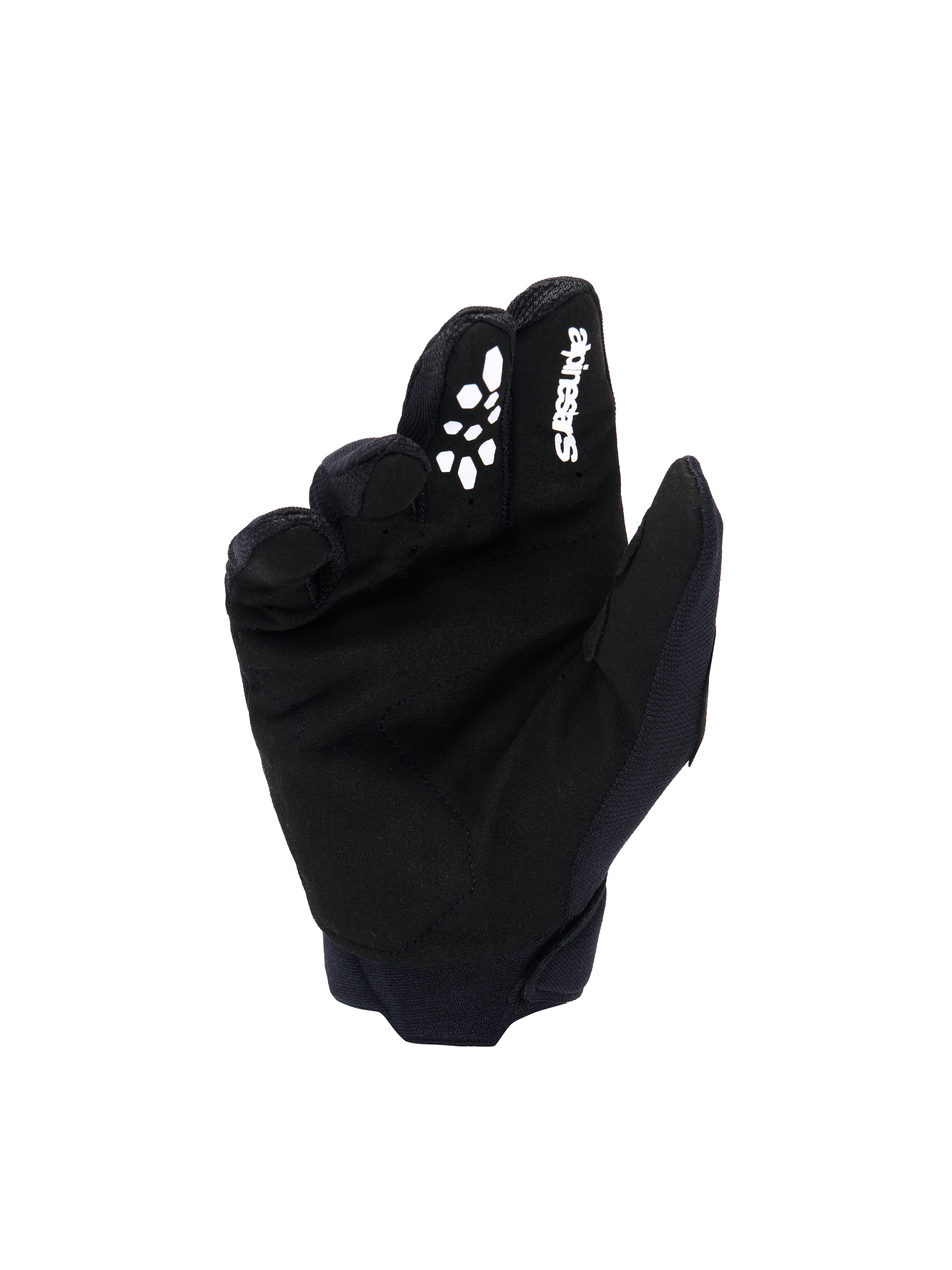 Guanti Alpinestars Youth & Kids Full Bore V2, guanti da motocross, nero e bianco, vista del palmo in pelle scamosciata sintetica, logo Alpinestars bianco e grip con stampa in silicone sul dito indice, equipaggiamento da fuoristrada resistente