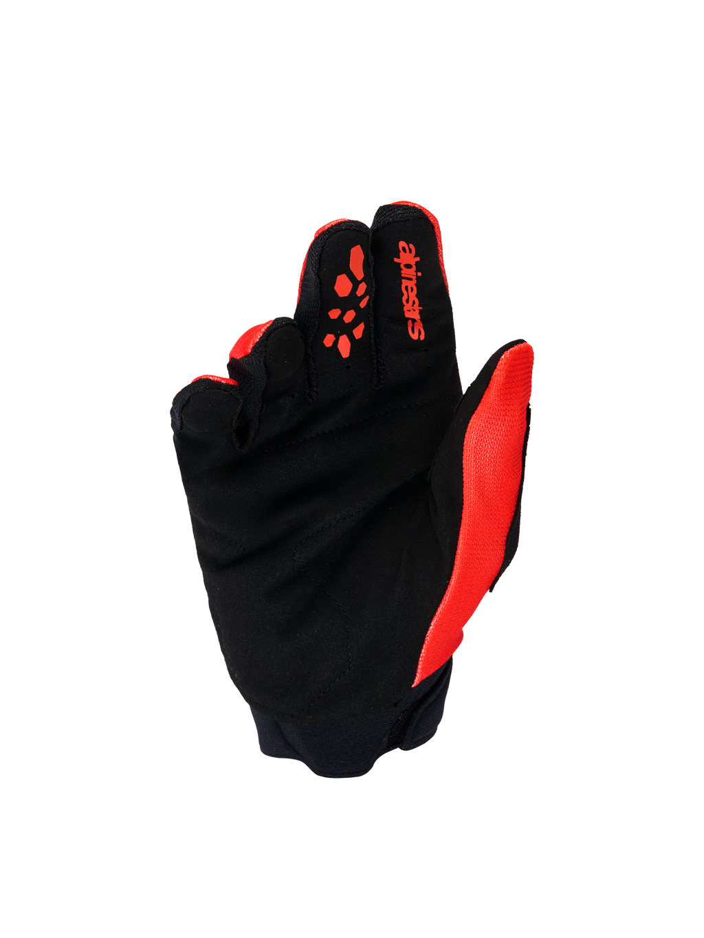 Guanti Alpinestars Youth & Kids Full Bore V2, guanti da motocross, rosso acceso e nero, vista del palmo con pelle scamosciata sintetica nera rinforzata e inserti in silicone rosso sulle dita, equipaggiamento da fuoristrada resistente per giovani piloti.