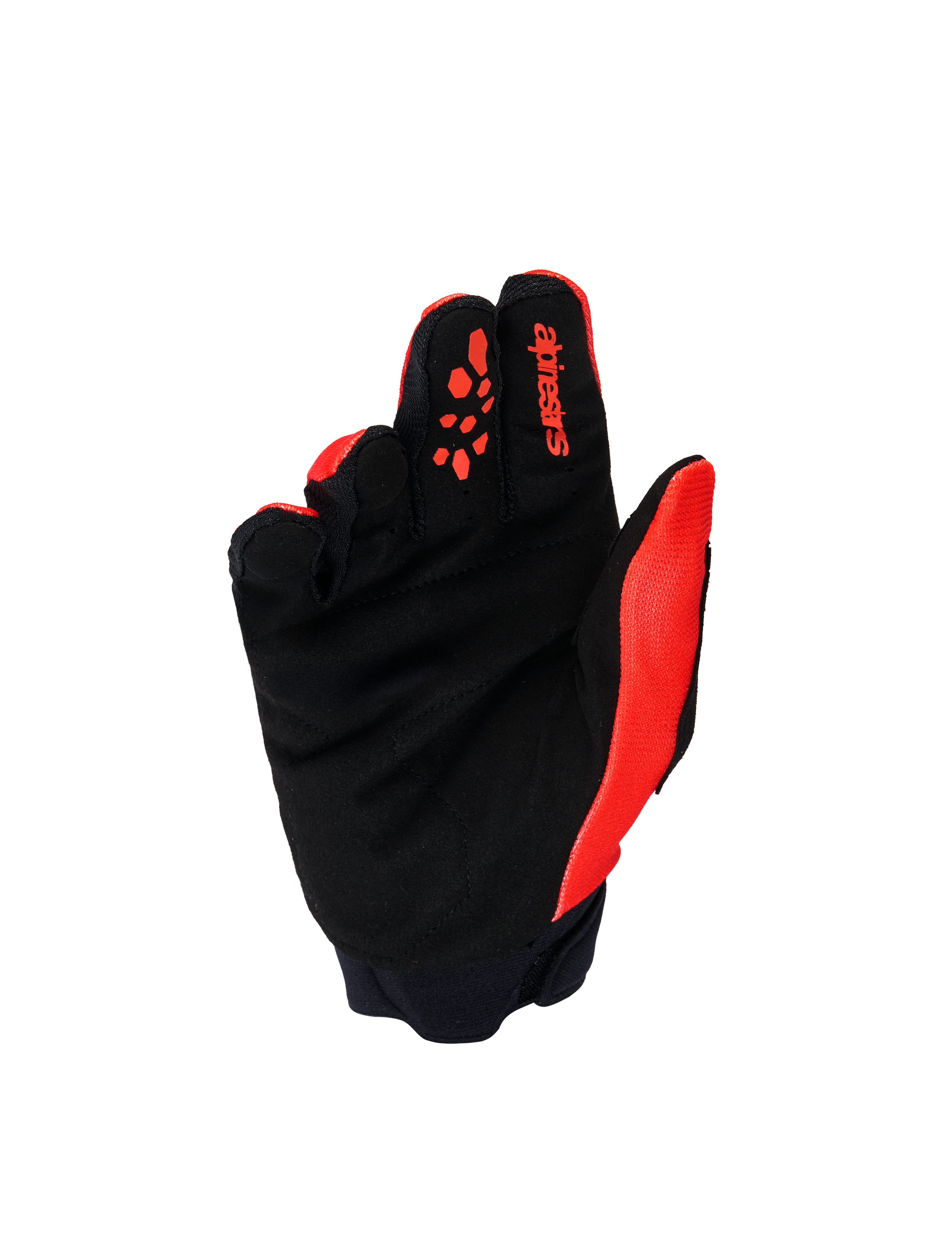 Guanti Alpinestars Youth & Kids Full Bore V2, guanti da motocross, rosso acceso e nero, vista del palmo con pelle scamosciata sintetica nera rinforzata e inserti in silicone rosso sulle dita, equipaggiamento da fuoristrada resistente per giovani piloti.