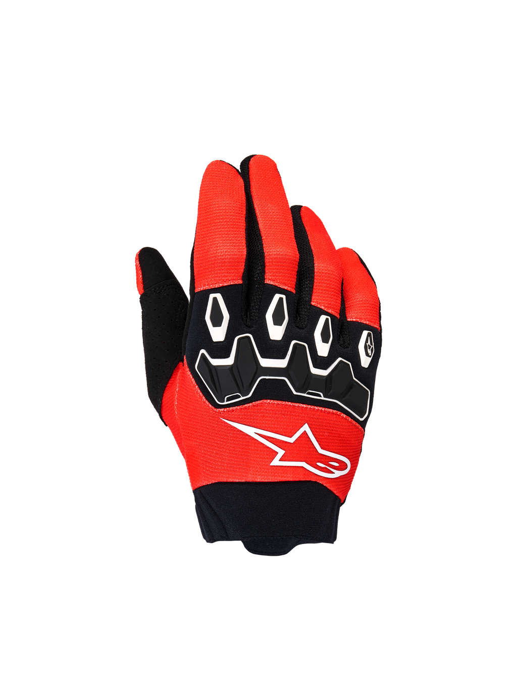 Guanti Alpinestars Youth & Kids Full Bore V2, guanti da motocross, rosso acceso e nero, vista dall'alto con protezioni nocche in TPR nero e dettagli bianchi, logo Astar bianco, design in tessuto resistente per la guida off-road