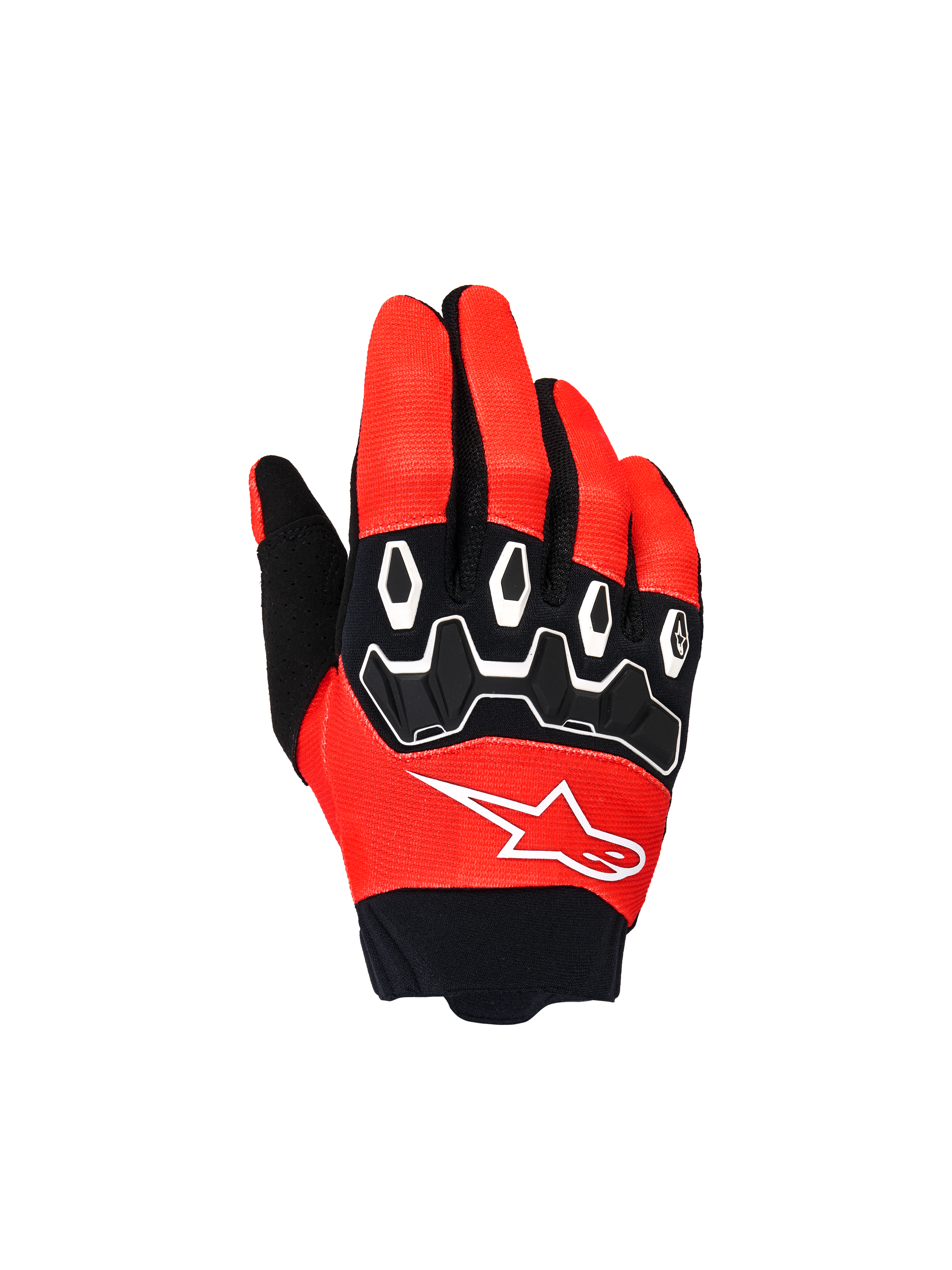 Guanti Alpinestars Youth & Kids Full Bore V2, guanti da motocross, rosso acceso e nero, vista dall'alto con protezioni nocche in TPR nero e dettagli bianchi, logo Astar bianco, design in tessuto resistente per la guida off-road