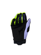 Alpinestars Guanti Youth & Kids Full Bore V2, guanti da motocross, Viola Giallo Fluo, vista del palmo in pelle scamosciata sintetica rinforzata nera, dettagli delle dita in giallo neon e pannello del pollice color lavanda, costruzione resistente per giovani piloti off-road