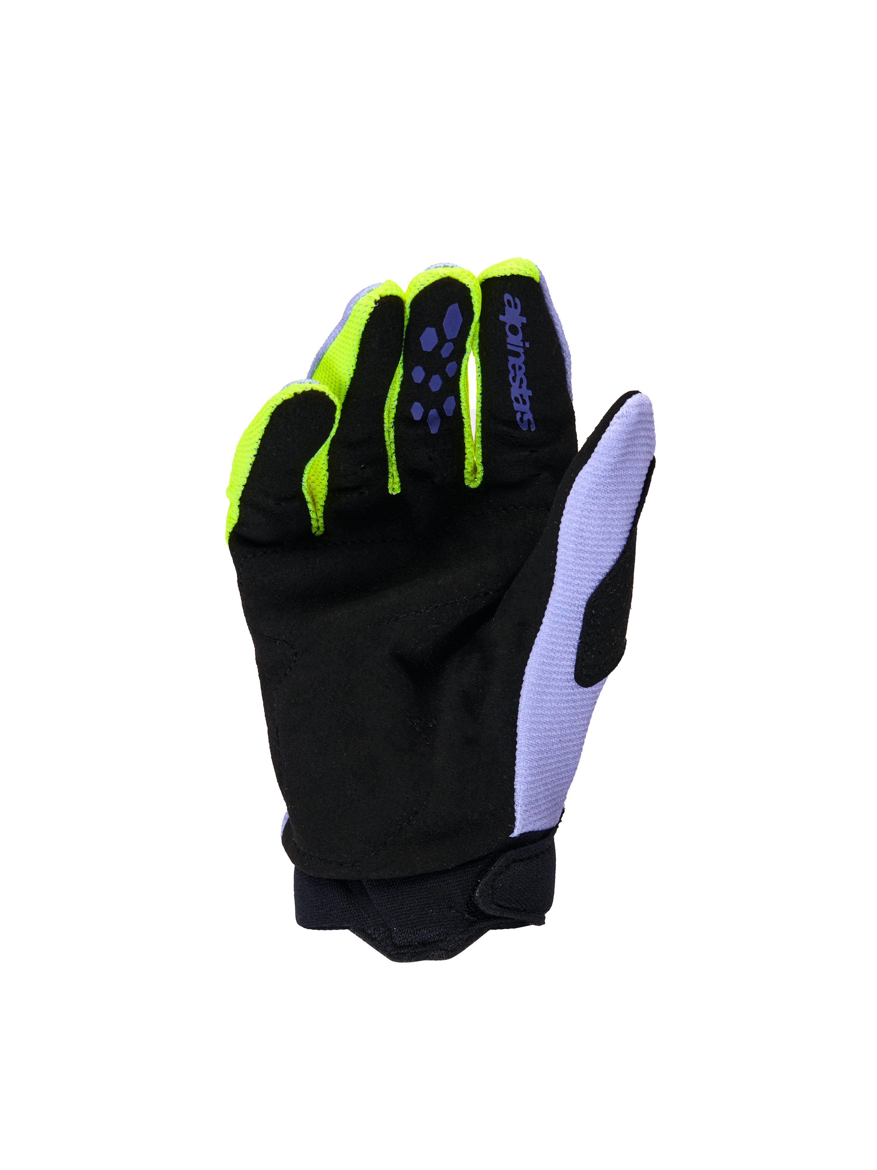 Alpinestars Guanti Youth & Kids Full Bore V2, guanti da motocross, Viola Giallo Fluo, vista del palmo in pelle scamosciata sintetica rinforzata nera, dettagli delle dita in giallo neon e pannello del pollice color lavanda, costruzione resistente per giovani piloti off-road