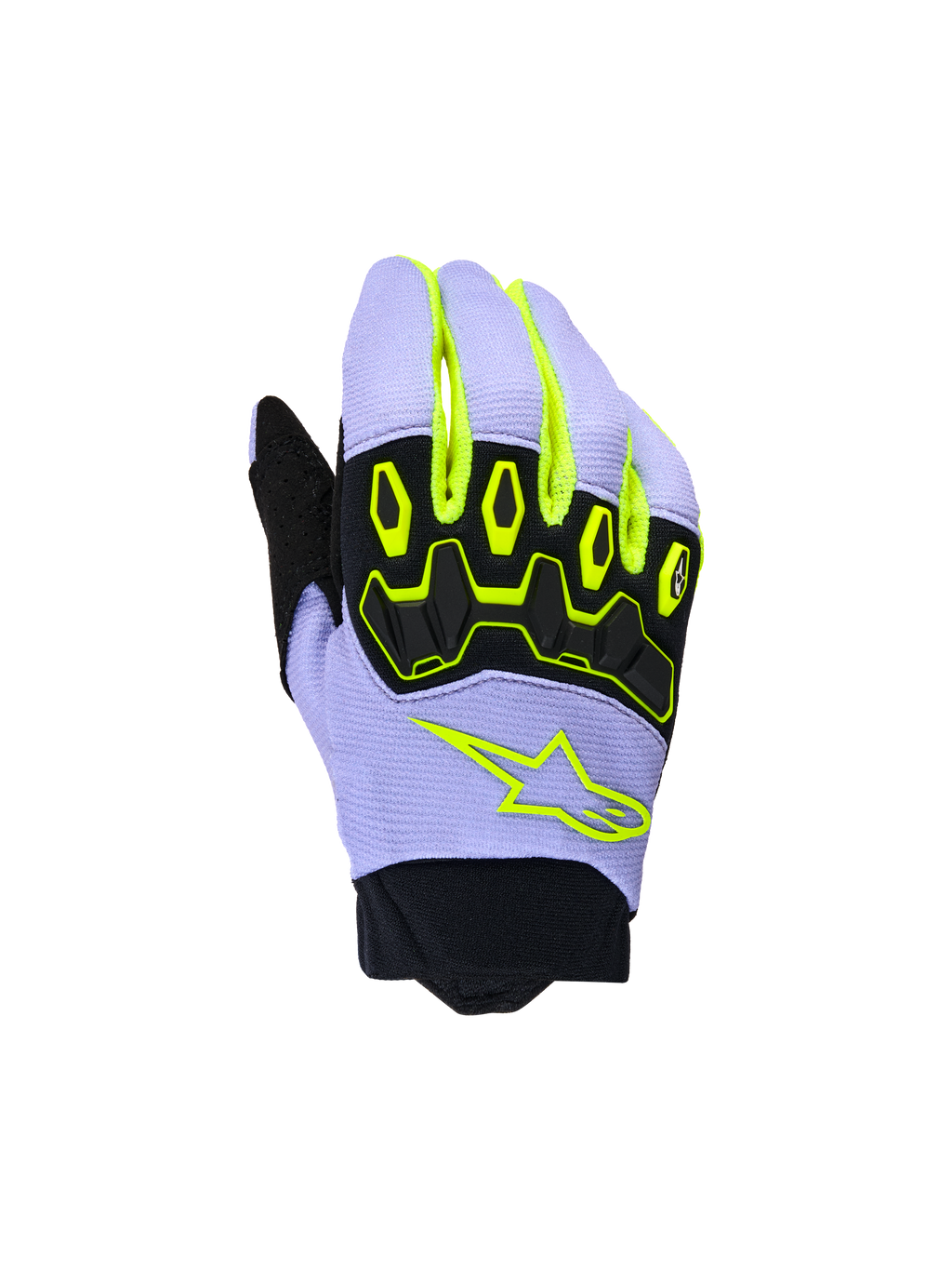 Alpinestars Guanti Youth & Kids Full Bore V2, guanti da motocross, viola e giallo fluorescente, con protezione nocche in TPR nero e logo a stella Alpinestars giallo neon, struttura traspirante con polsino in neoprene, design sportivo off-road