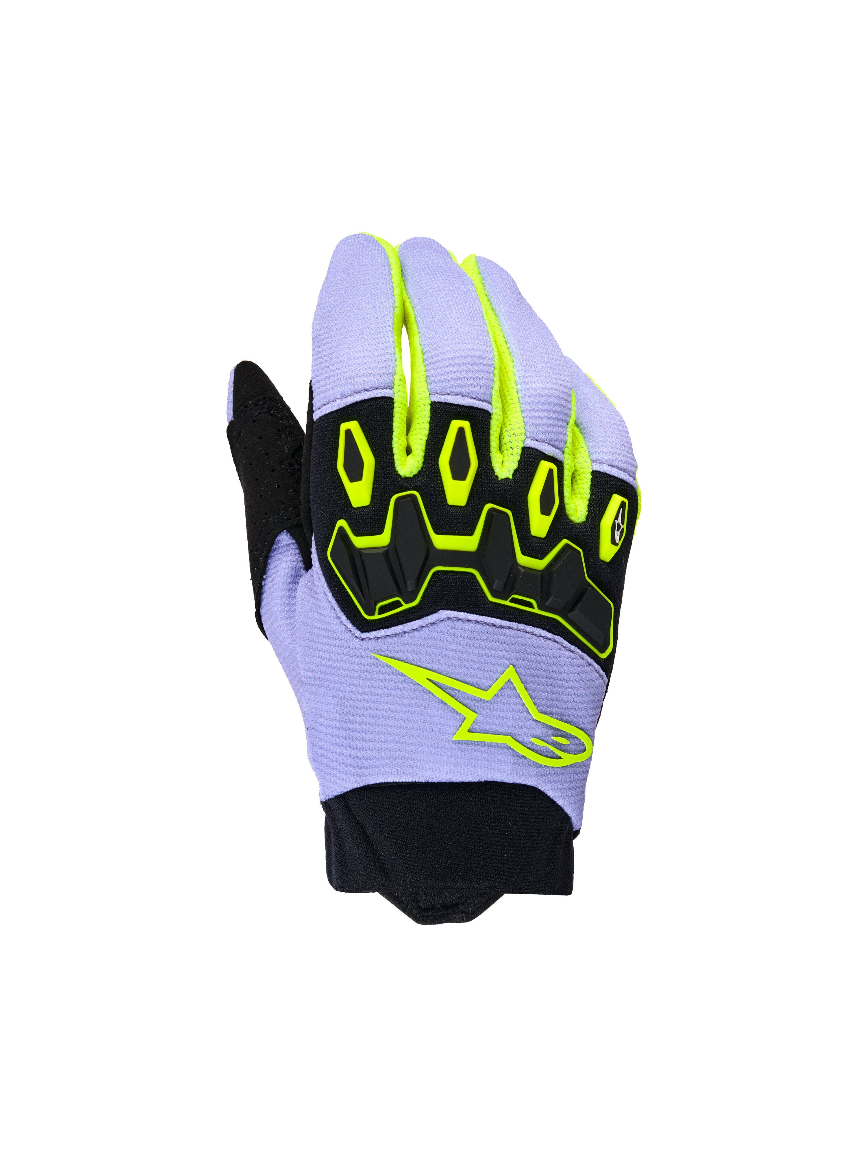 Alpinestars Guanti Youth & Kids Full Bore V2, guanti da motocross, viola e giallo fluorescente, con protezione nocche in TPR nero e logo a stella Alpinestars giallo neon, struttura traspirante con polsino in neoprene, design sportivo off-road