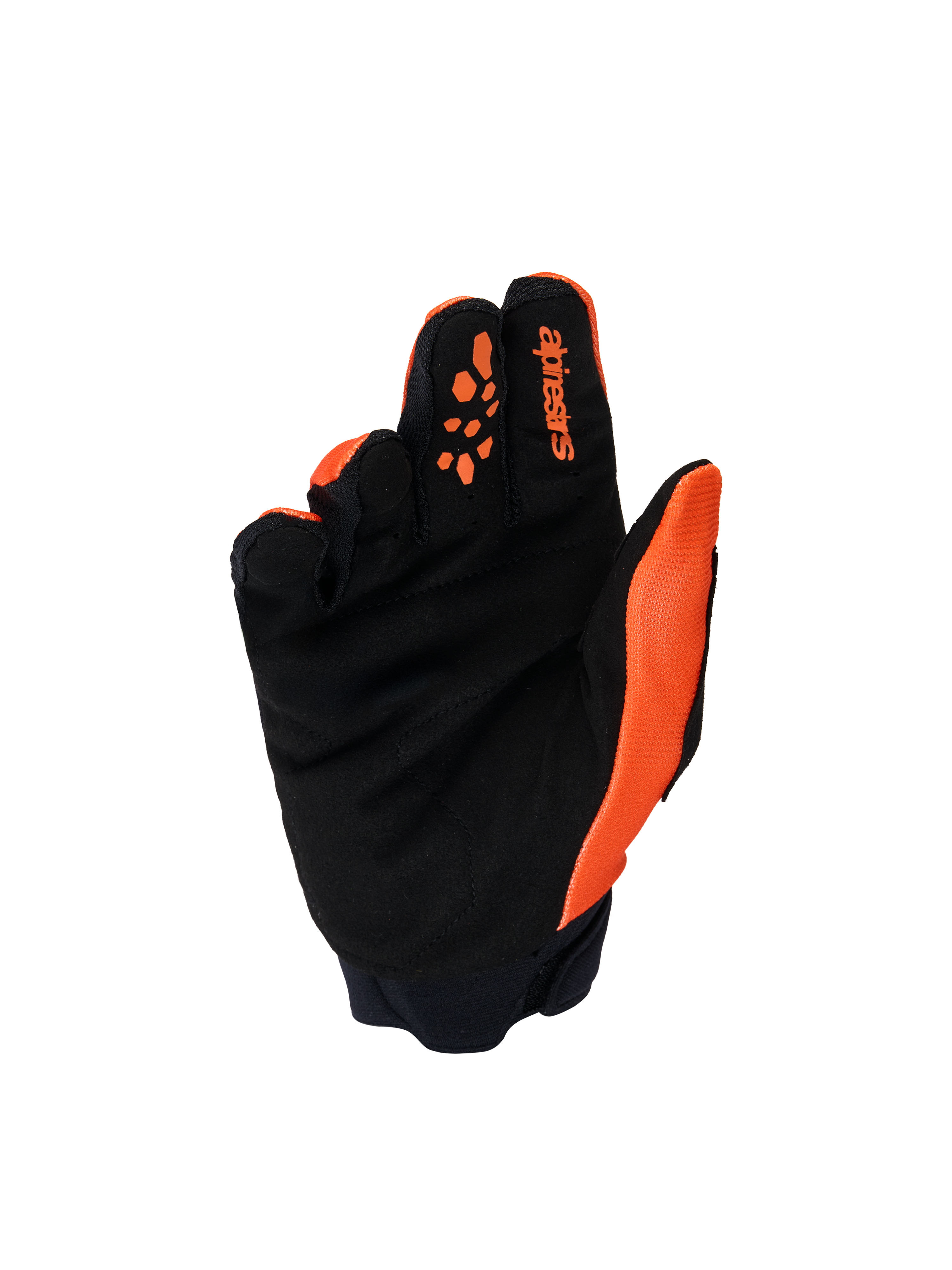 Guanti Alpinestars Youth & Kids Full Bore V2, guanti da motocross, arancione e nero, vista del palmo con pelle scamosciata sintetica rinforzata, stampe in silicone sulle dita per il controllo delle leve e marchio Alpinestars sull'indice.