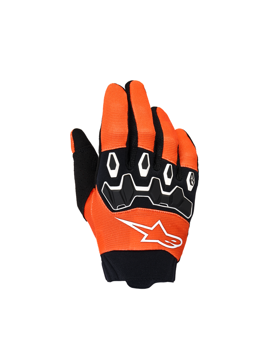 Alpinestars Youth & Kids Full Bore V2 Gloves, guanti da motocross, arancione, bianco e nero, con protezione nocche in TPR nero e motivi geometrici bianchi, logo a stella bianco e polsino in neoprene nero, attrezzatura da fuoristrada per ragazzi