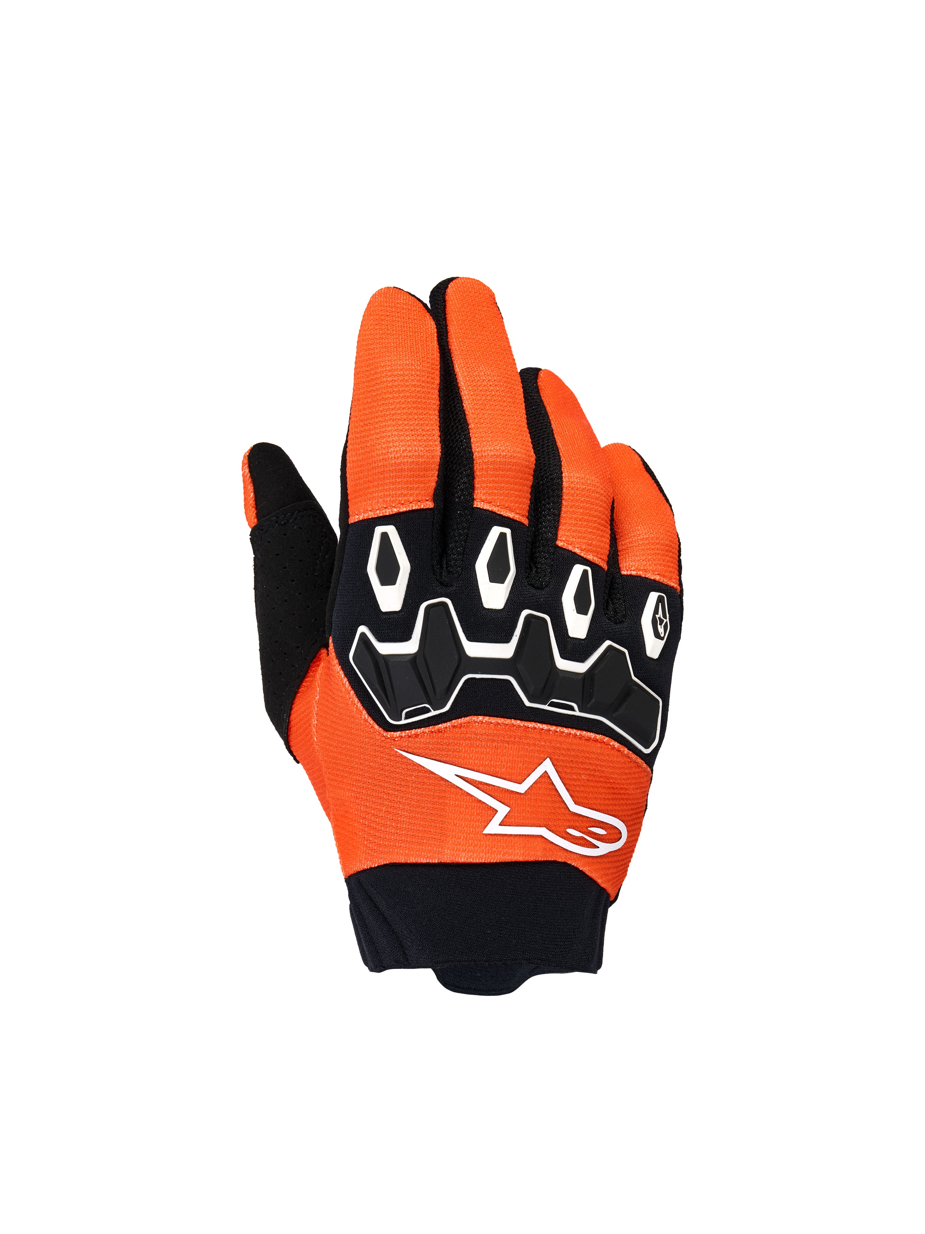 Alpinestars Youth & Kids Full Bore V2 Gloves, guanti da motocross, arancione, bianco e nero, con protezione nocche in TPR nero e motivi geometrici bianchi, logo a stella bianco e polsino in neoprene nero, attrezzatura da fuoristrada per ragazzi
