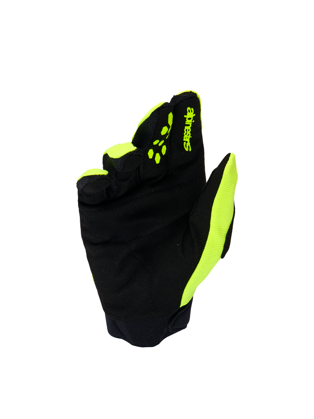 Alpinestars Guanti Youth & Kids Full Bore V2, guanti da motocross, giallo fluo e nero, vista del palmo in pelle scamosciata sintetica rinforzata, grip in silicone giallo sulle dita per il controllo delle leve, marchio Alpinestars, protezione resistente per il fuoristrada