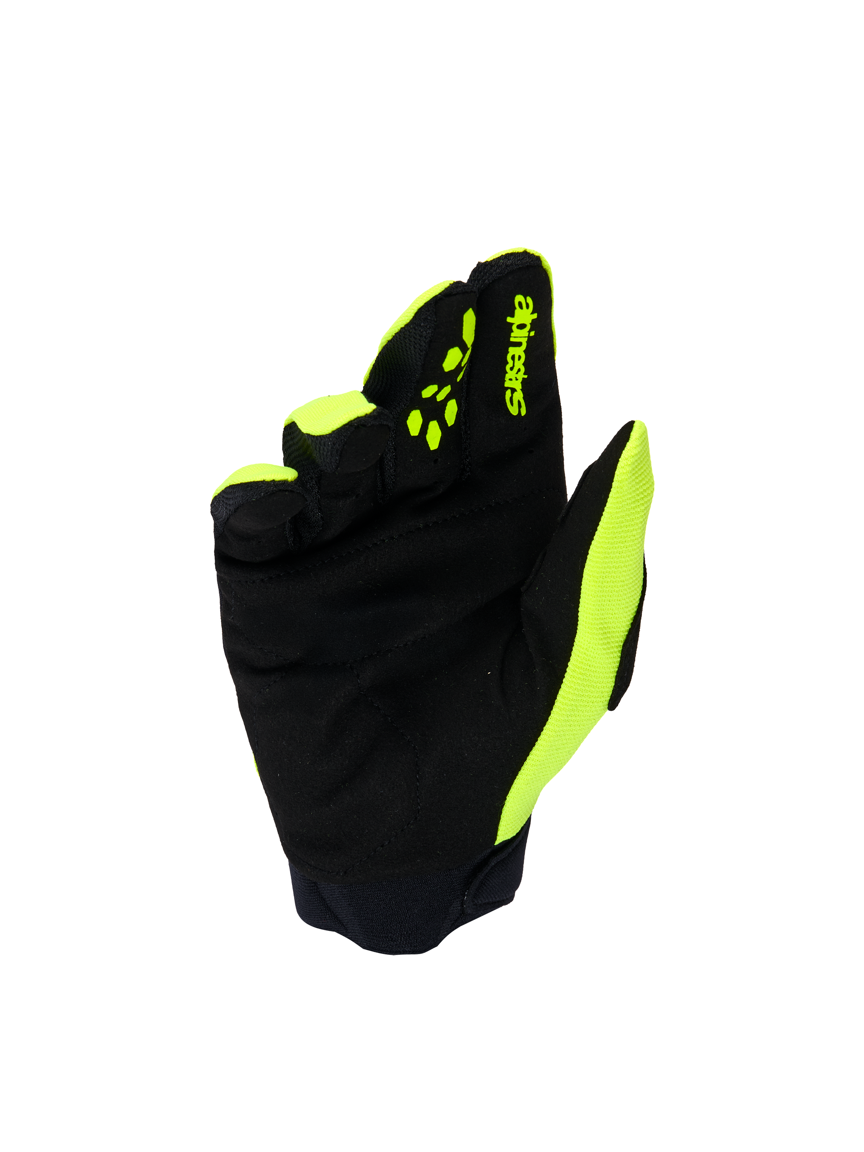 Alpinestars Guanti Youth & Kids Full Bore V2, guanti da motocross, giallo fluo e nero, vista del palmo in pelle scamosciata sintetica rinforzata, grip in silicone giallo sulle dita per il controllo delle leve, marchio Alpinestars, protezione resistente per il fuoristrada