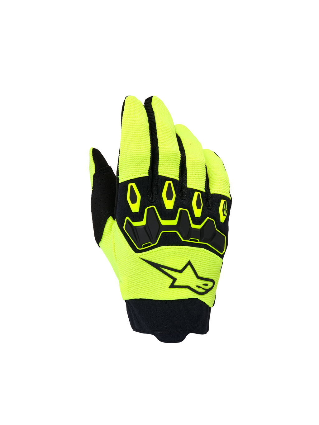 Guanti Alpinestars Youth & Kids Full Bore V2, guanti da motocross per ragazzi, giallo fluo e nero, vista del dorso con logo a stella nero e protezione nocche ergonomica in TPR, design sportivo per corse off-road