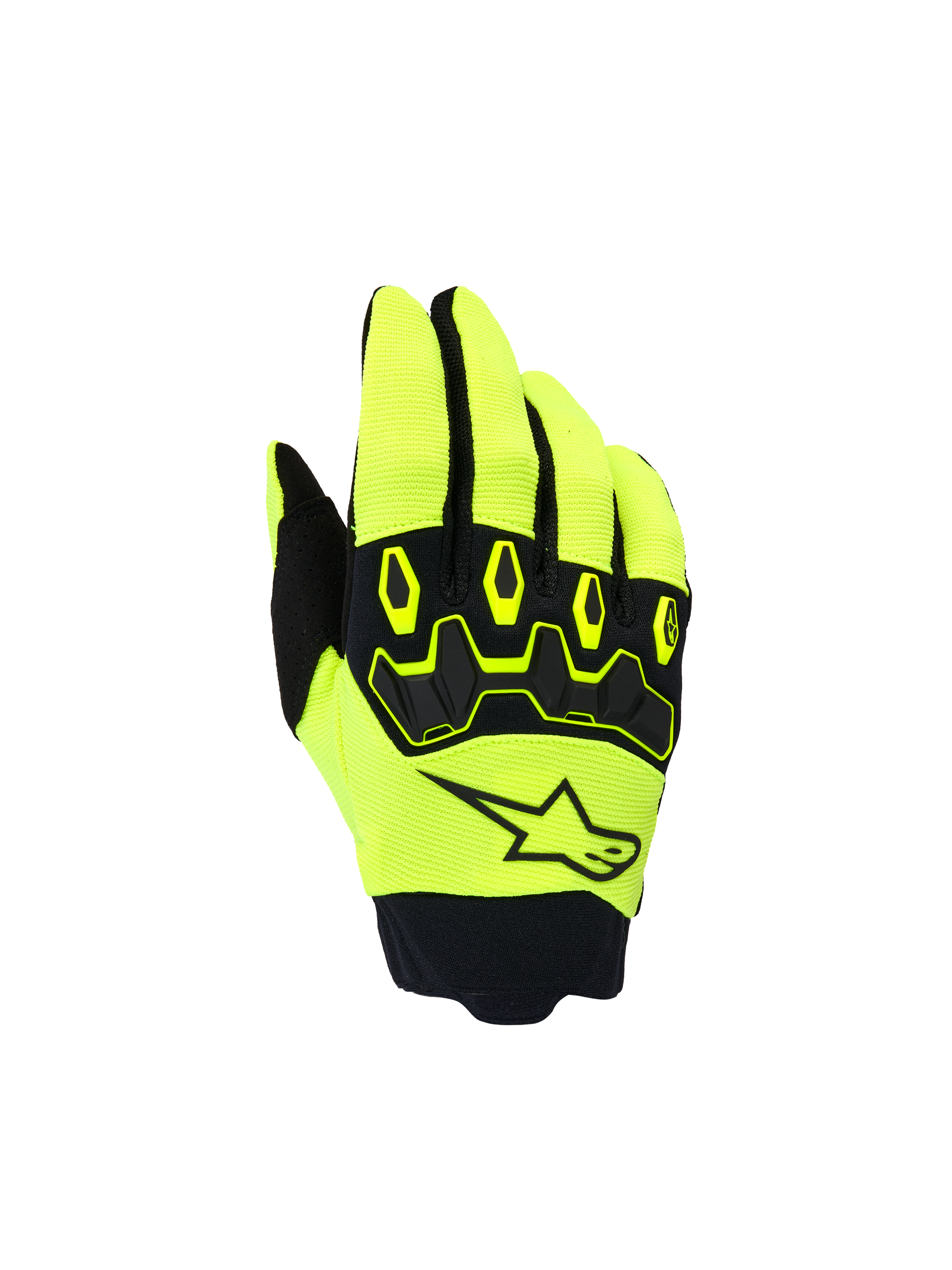 Guanti Alpinestars Youth & Kids Full Bore V2, guanti da motocross per ragazzi, giallo fluo e nero, vista del dorso con logo a stella nero e protezione nocche ergonomica in TPR, design sportivo per corse off-road