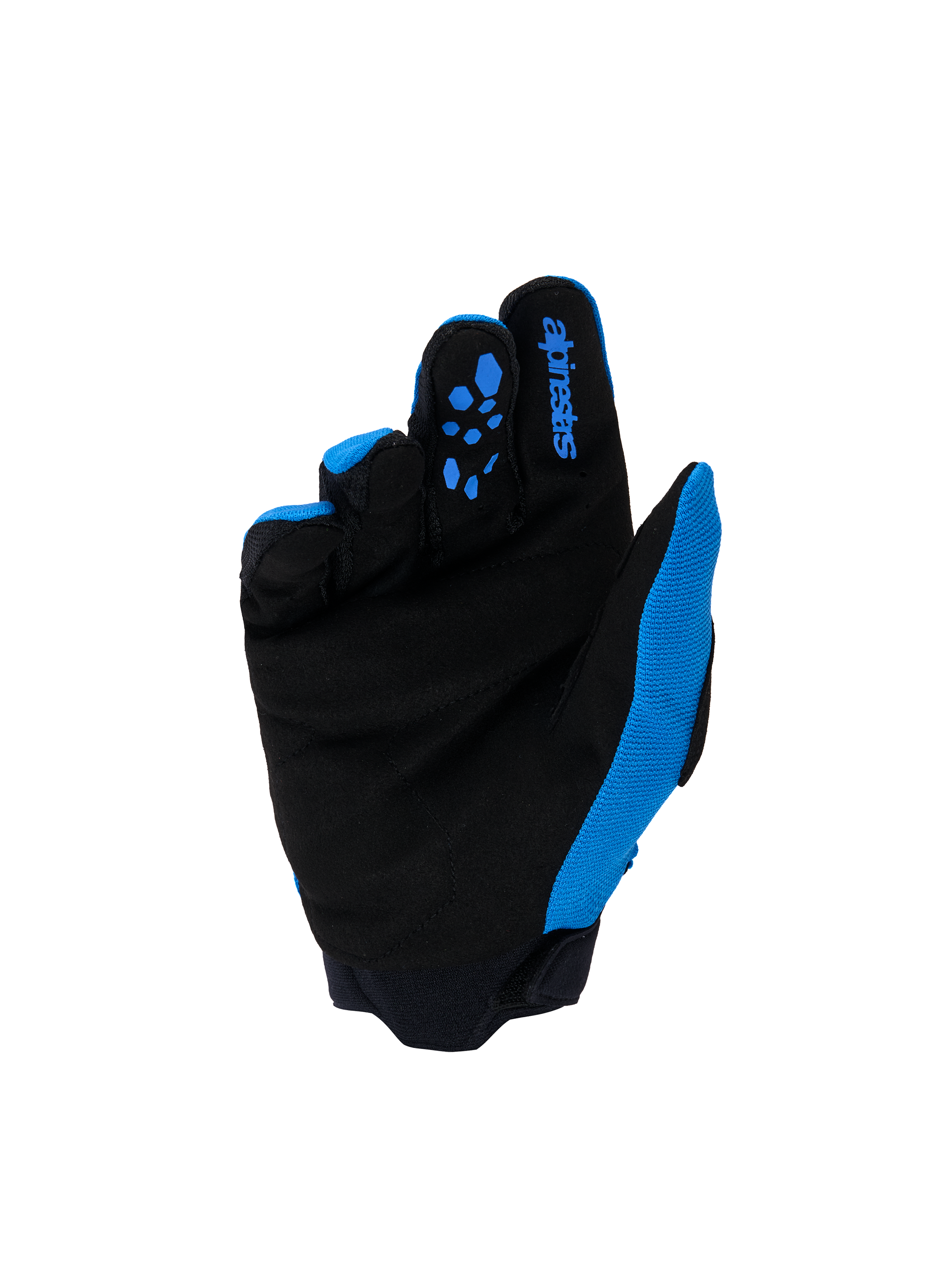Guanti Alpinestars Youth & Kids Full Bore V2, guanti da motocross, blu UCLA e nero, vista del palmo con pelle scamosciata sintetica nera rinforzata e motivi grip in silicone blu sulle dita, logo Alpinestars blu sull'indice, abbigliamento off-road ad alte prestazioni per giovani piloti