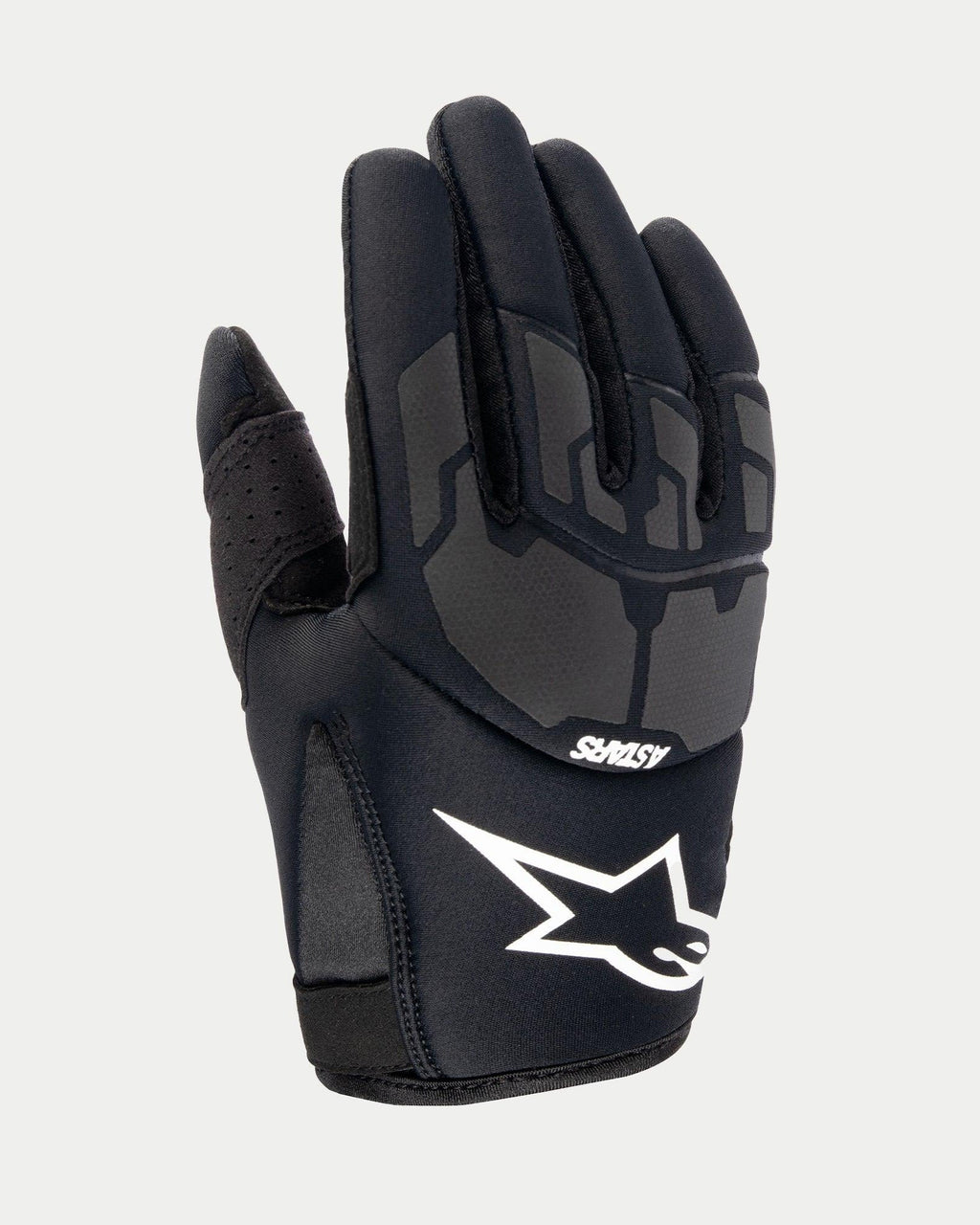 Alpinestars Youth 2024 Thermo Shielder Gloves, guanti da motocross neri, vista del dorso che mostra la costruzione in neoprene, motivi protettivi grigi laminati al laser, logo Alpinestars bianco e marchio ASTARS, isolati per la guida off-road in condizioni di clima fresco