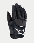 Alpinestars Youth 2024 Thermo Shielder Gloves, guanti da motocross neri, vista del dorso che mostra la costruzione in neoprene, motivi protettivi grigi laminati al laser, logo Alpinestars bianco e marchio ASTARS, isolati per la guida off-road in condizioni di clima fresco