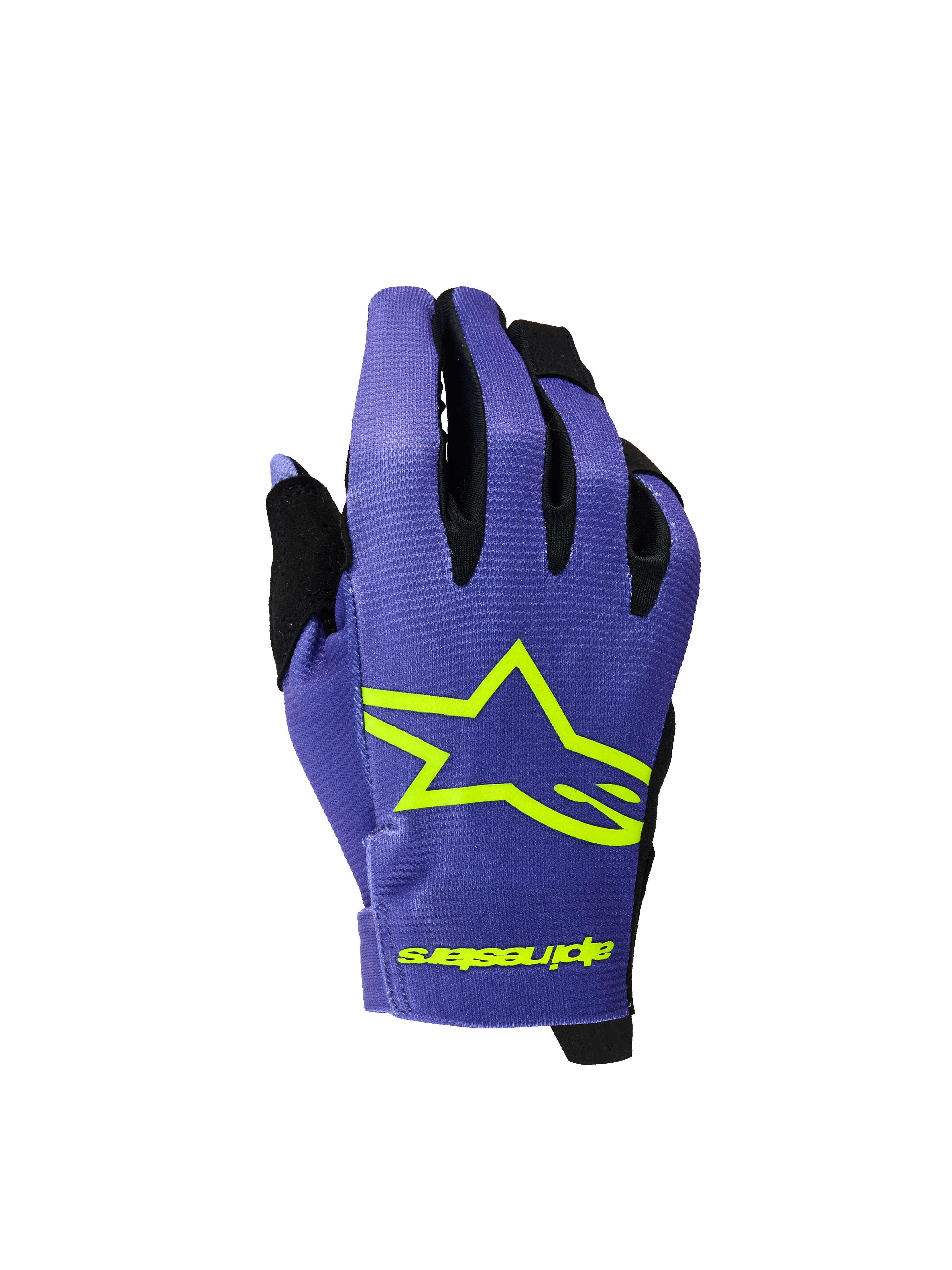 Alpinestars guanti Youth Radar 2026, guanti da motocross e MTB, viola e giallo fluo, con logo a stella e branding giallo neon, accenti neri tra le dita, tessuto leggero e strutturato per gare off-road