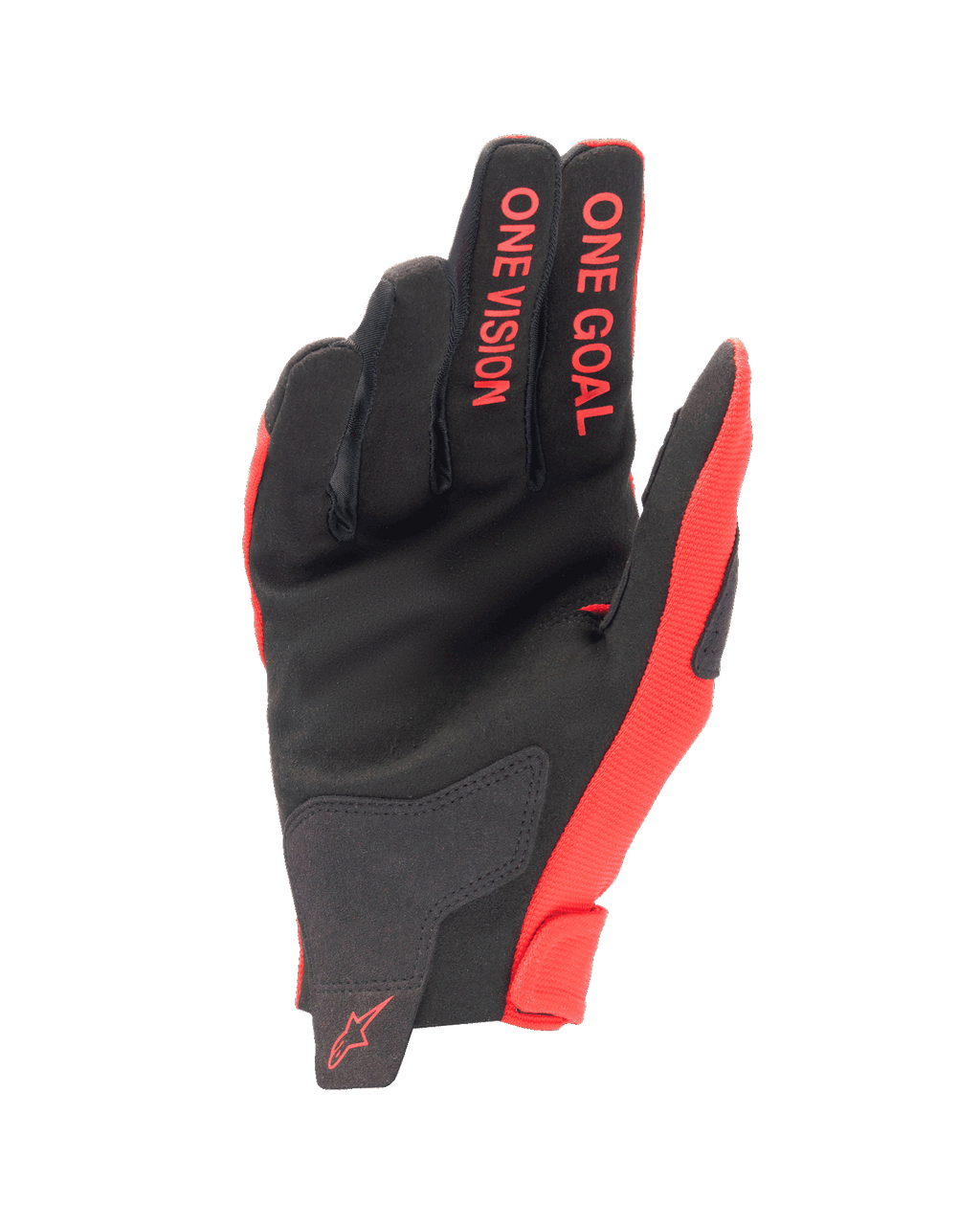 Guanti Alpinestars Youth Radar 2024, guanti da motocross, rosso Marte e nero, vista del palmo in camoscio sintetico, scritta 'ONE GOAL ONE VISION' sulle dita, attrezzatura leggera per gare fuoristrada